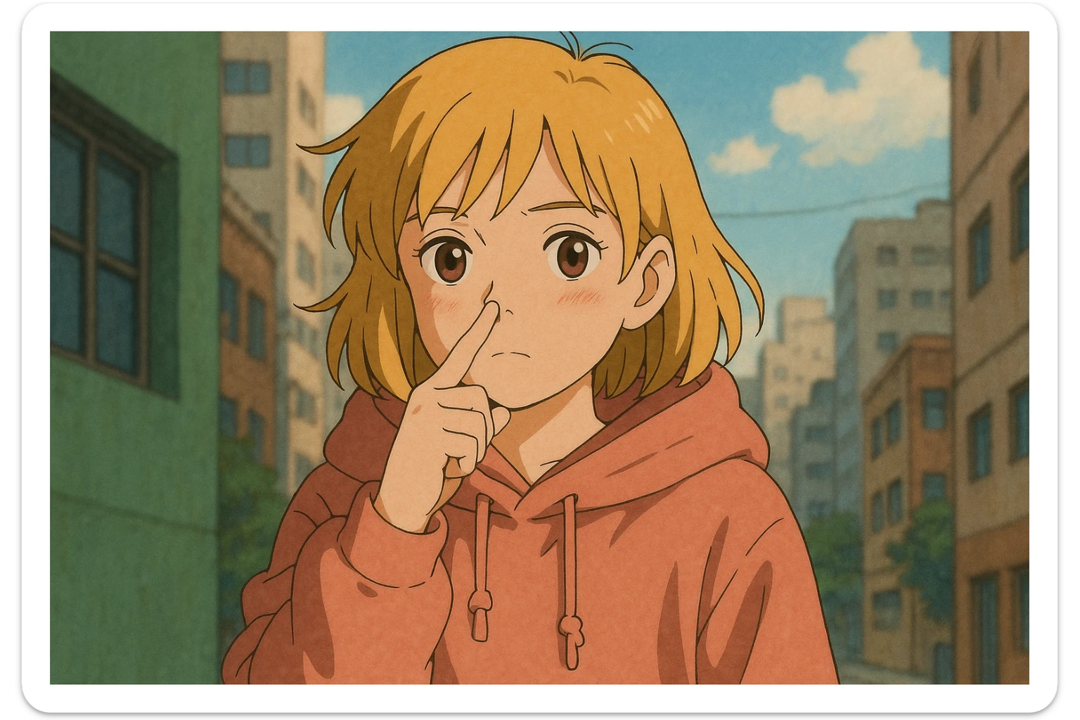 A girl yellow hair brown eyes pink Urban Heavy Loose Fit Hood Sweat touch your nose  sticker