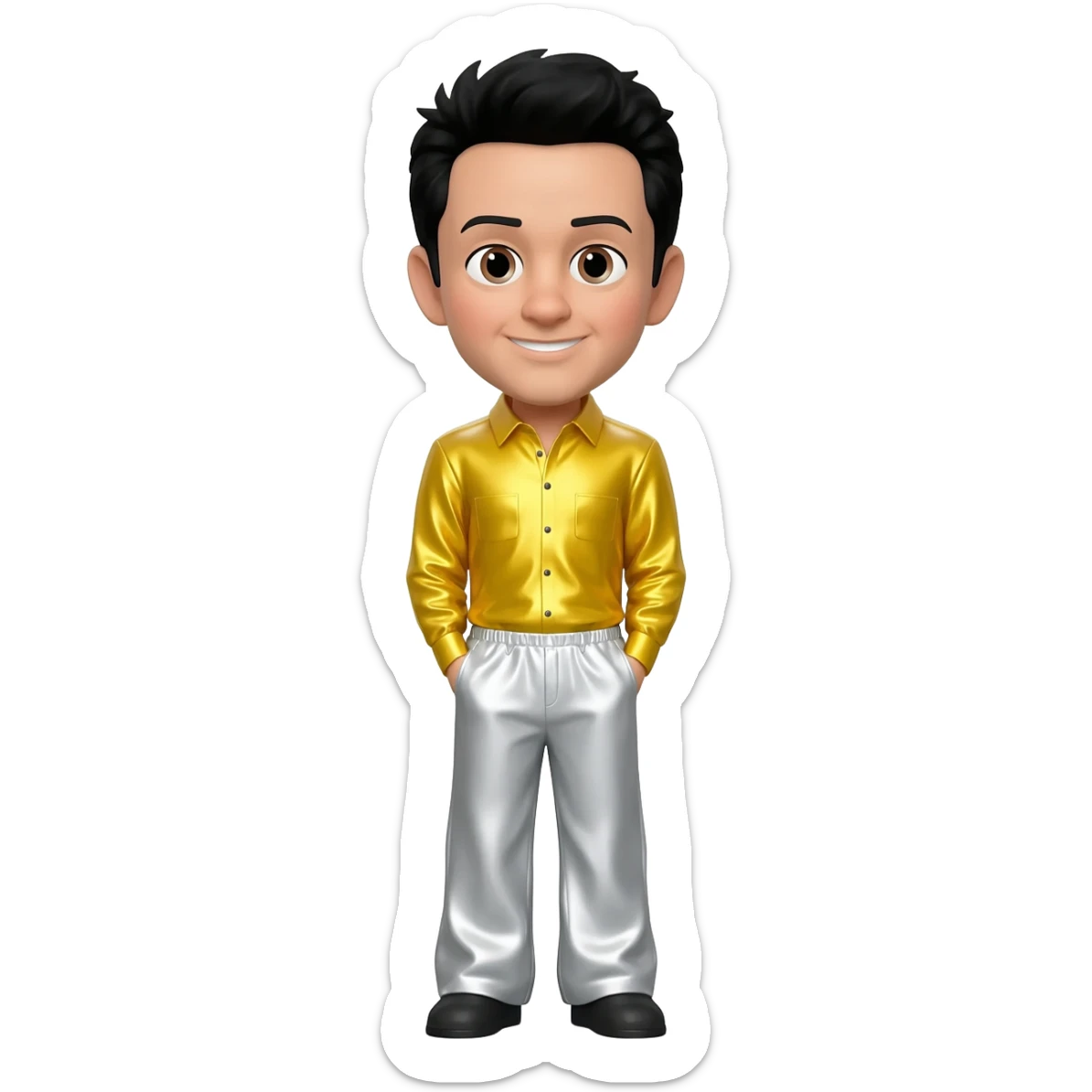 Greg Page from The Wiggles with hazel eyes, black hair, yellow metallic shirt, white metallic baggy pants s sticker