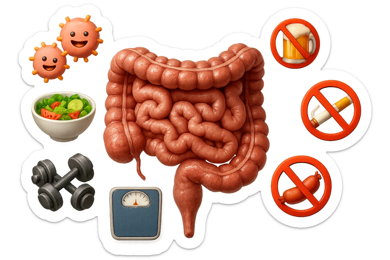 intestino umano anatomico realistico al centro, intorno al quale ruotano emoji stile iphone di: due batteri intestinali felici, una bowl di insalata, una bilancia pesapersone, manubri da palestra, e un boccale di birra con divieto 3d sopra, una sigaretta con divieto 3d sopra e un wurstel con divieto 3d sopra, fluttuano in aria, iperrealistico 4k sticker