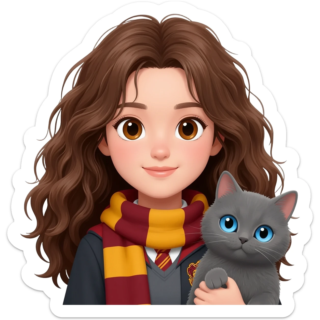 asian ravenclaw girl student with long brown messy wavy hair and brown eyes, holding a gray cat with blue eyes sticker