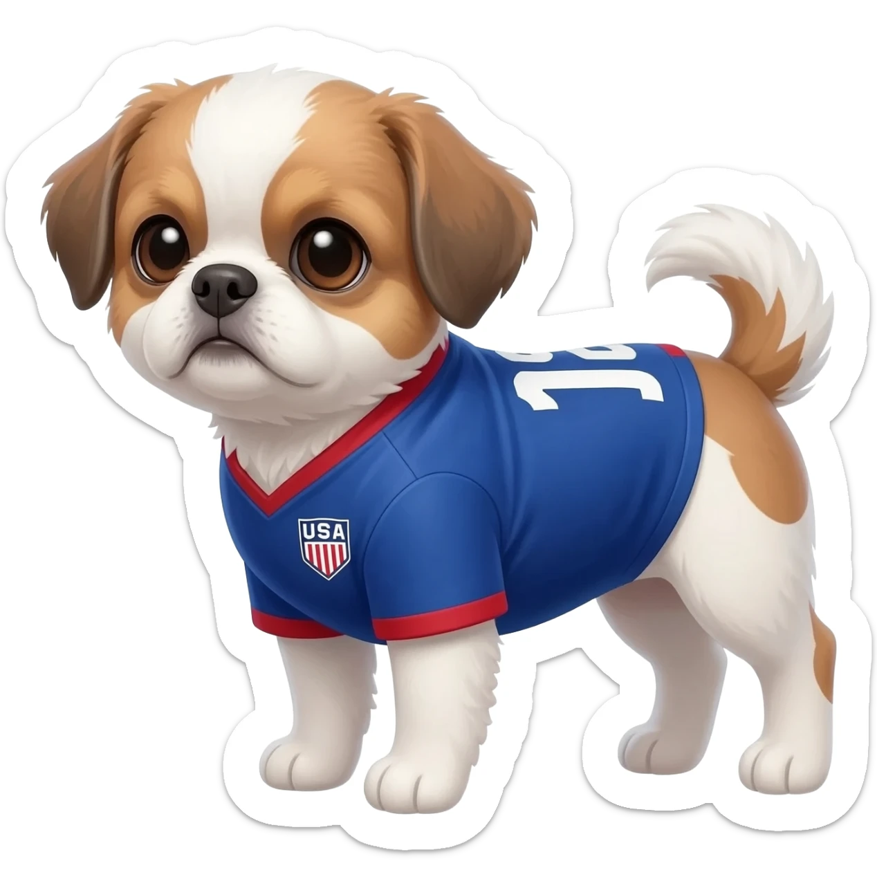 white and light brown shih zhu wearing a USA soccer jersey v neck 2026 work cup sticker