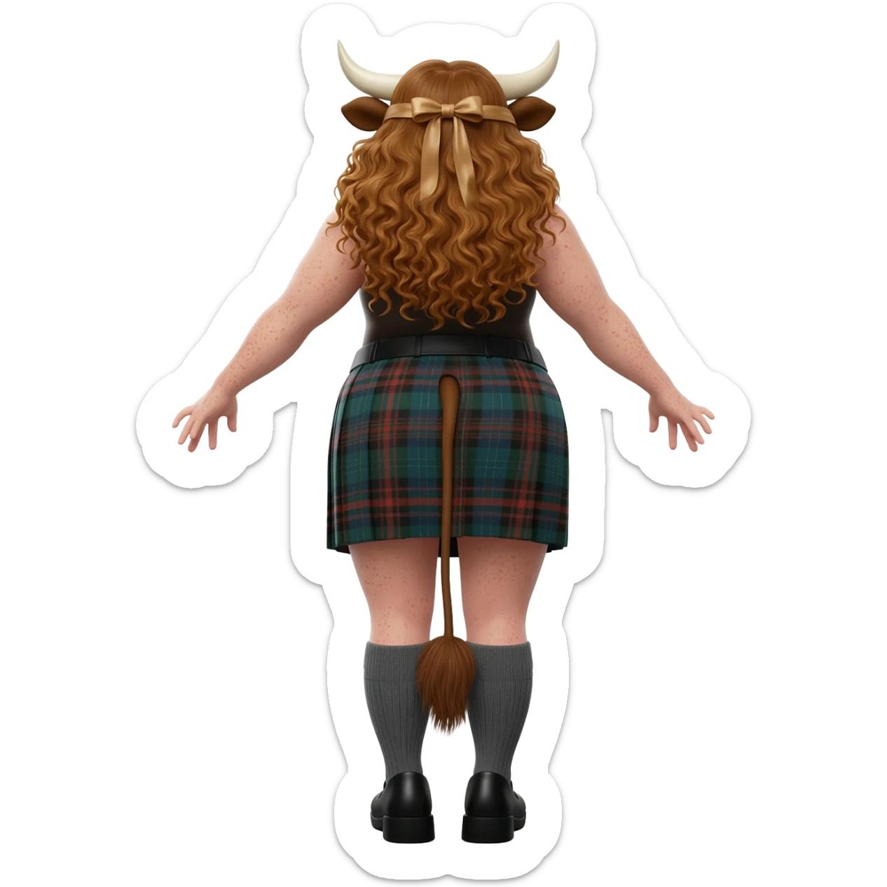 buff curly woman with freckles with messy light brown hair with cow horns and cow brown ears with ribbon in her hair bends over standing on her hands with her big butt up high in a very short scottish kilt with a brown cow tail with strong thighs and knee socks and black shoes, rear view sticker