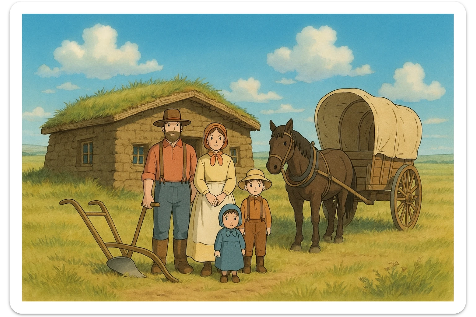 A pioneer family on the great plains from the 1840s standing in front of a sod house with their horse and wagon and a basic plough sticker