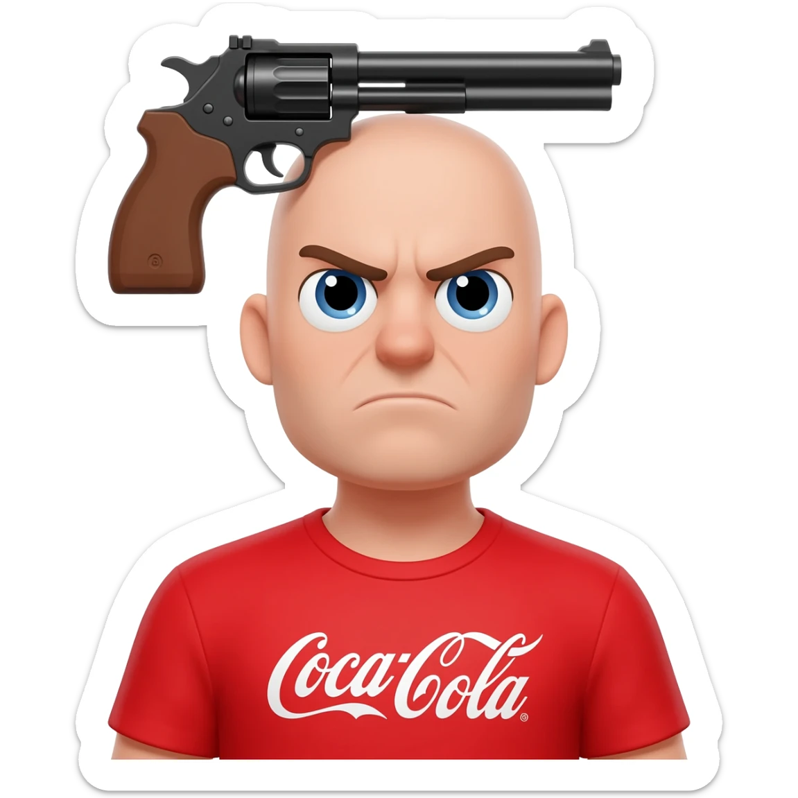 grumpy coca-cola emoji with a gun on the head sticker