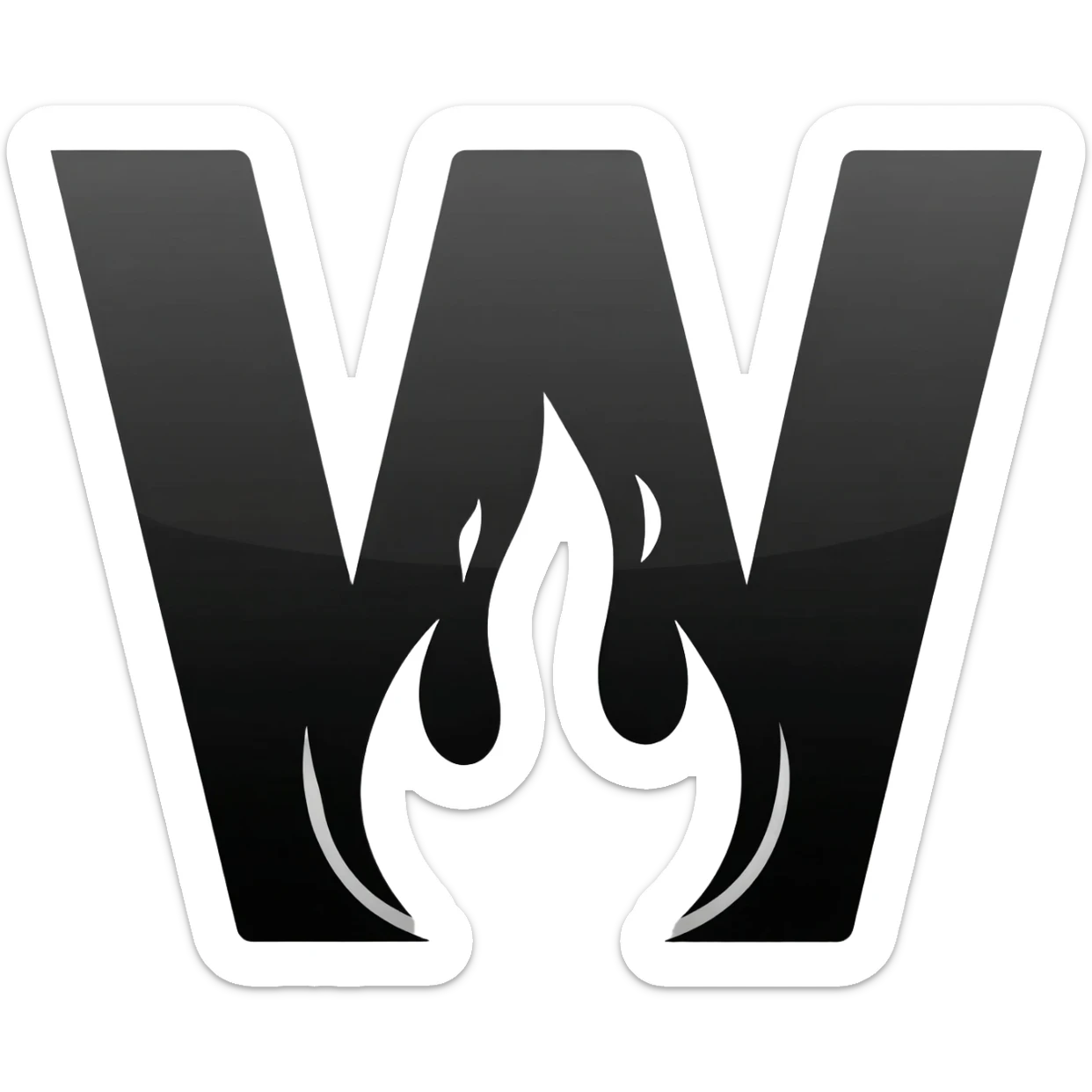 generate a black W letter with a black flame sticker