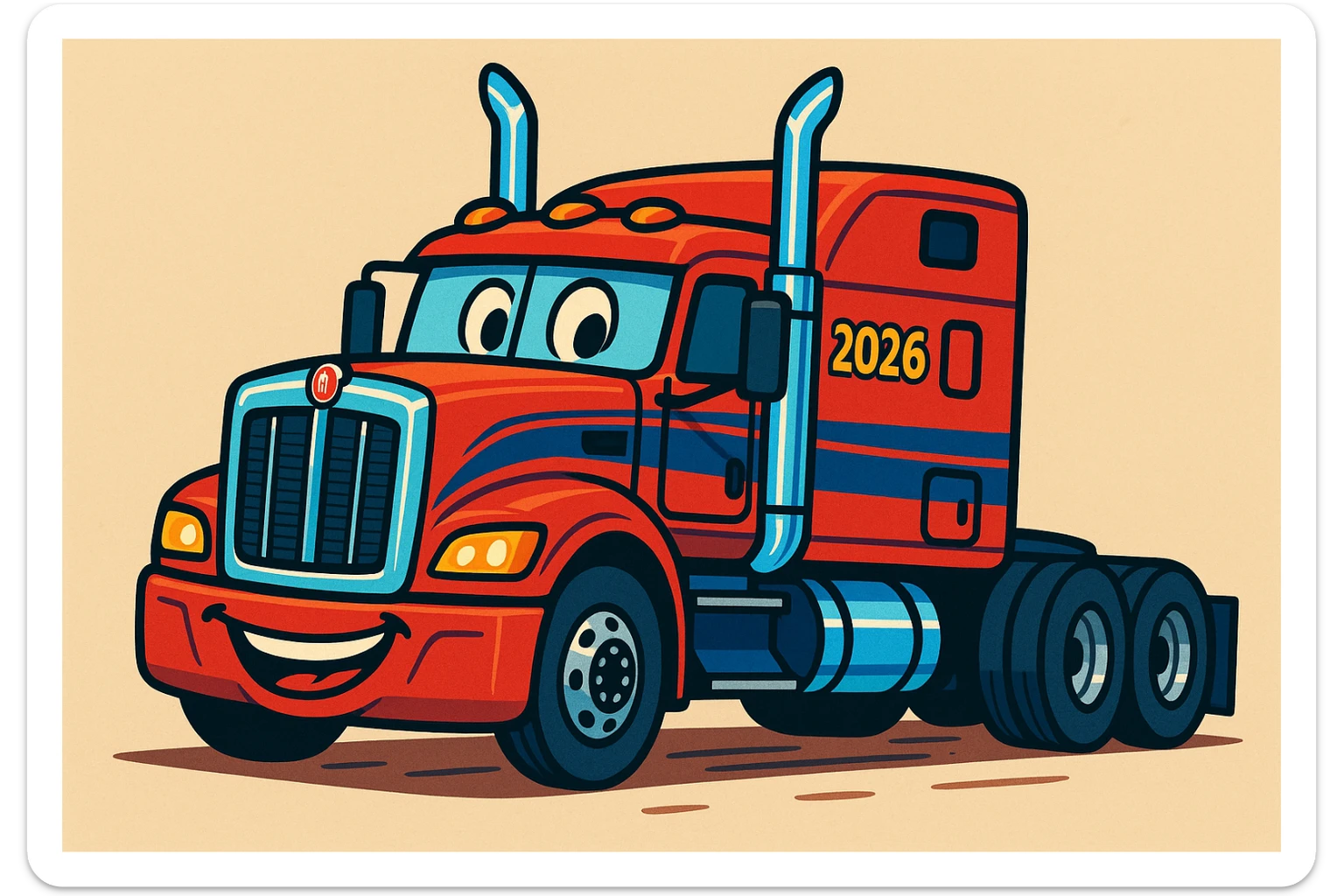 cartoon semi truck 2026 Kenworth W680 flattop sleeper with chrome stacks, cheerful and dynamic sticker