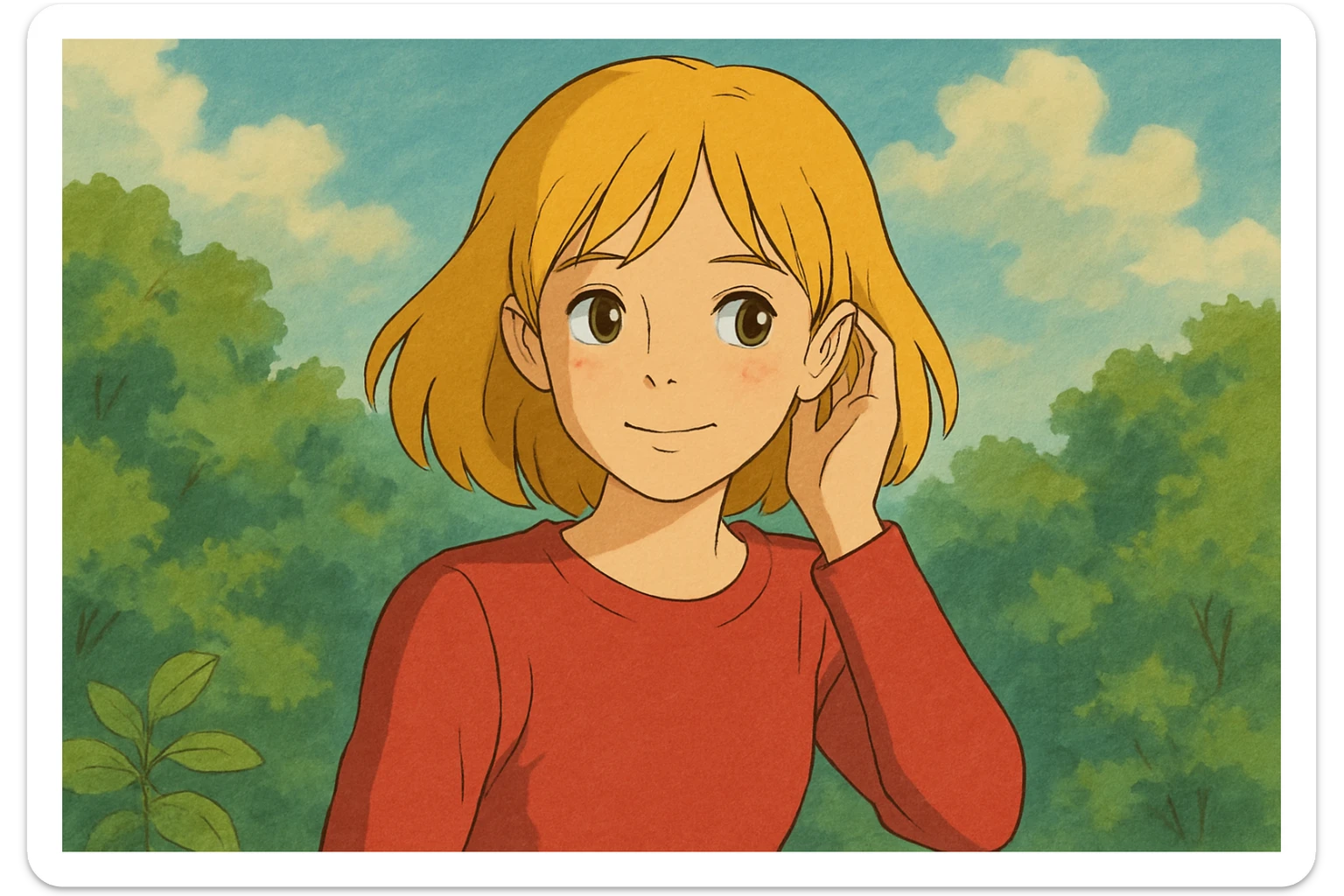 A girl yellow hair brown eyes red Just Cool Women's Long Sleeve Cool T-Shirt touching  to the ear sticker