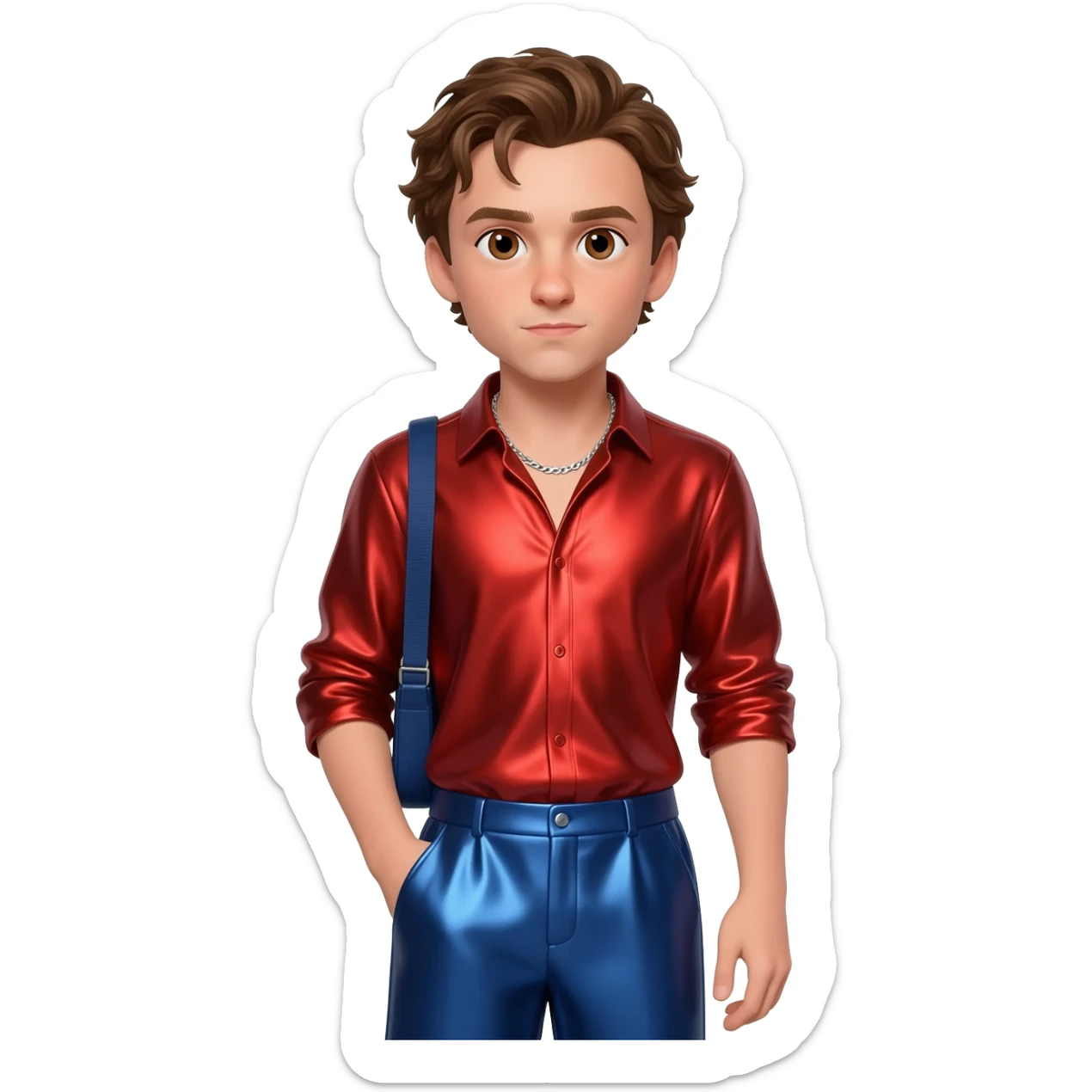 Tom Holland with brown eyes, brown hair, red metallic shirt, indigo metallic baggy pants, silver necklace sticker