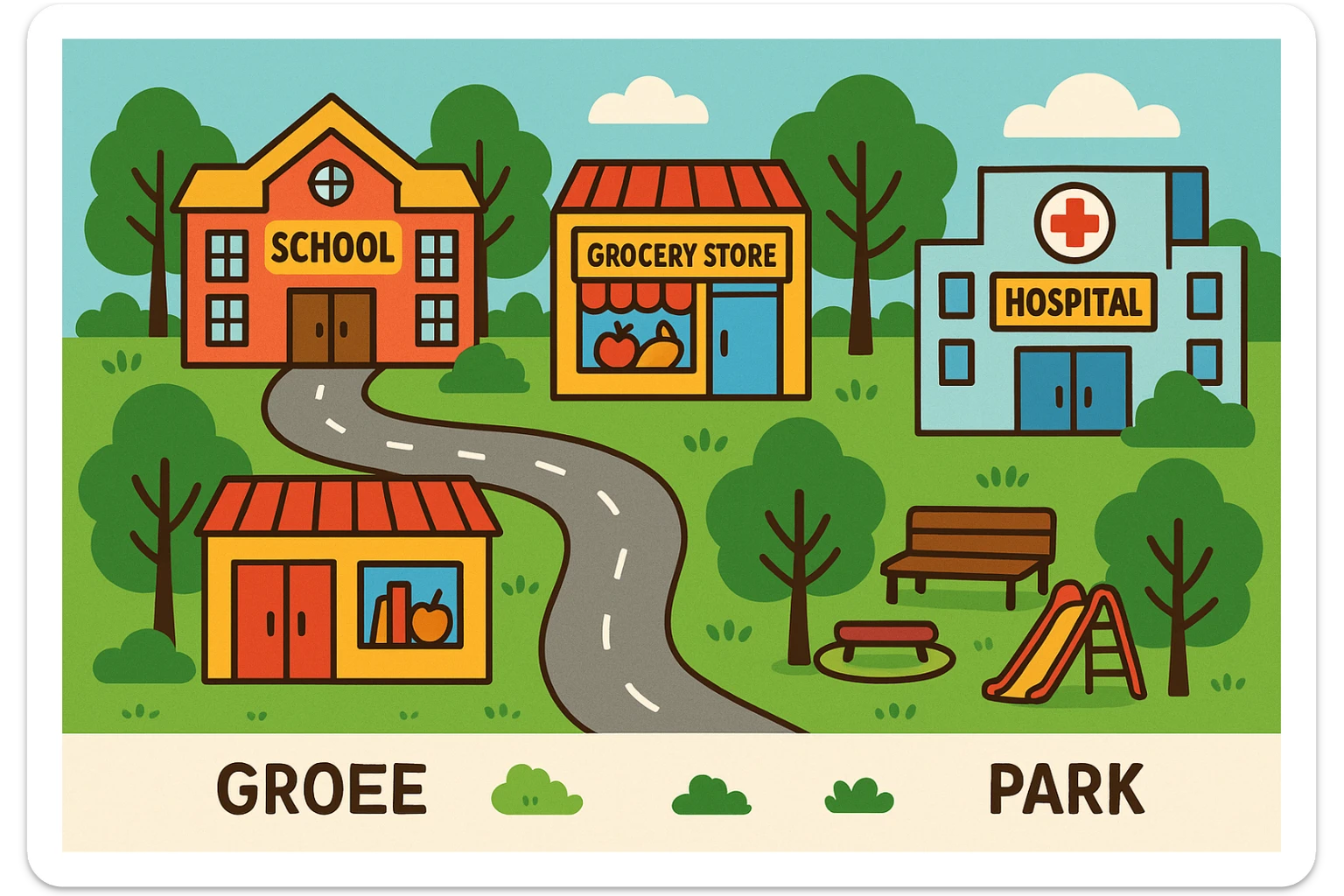 English learning material: vibrant cartoon style illustration of common places in town, labeled, with a road and trees sticker