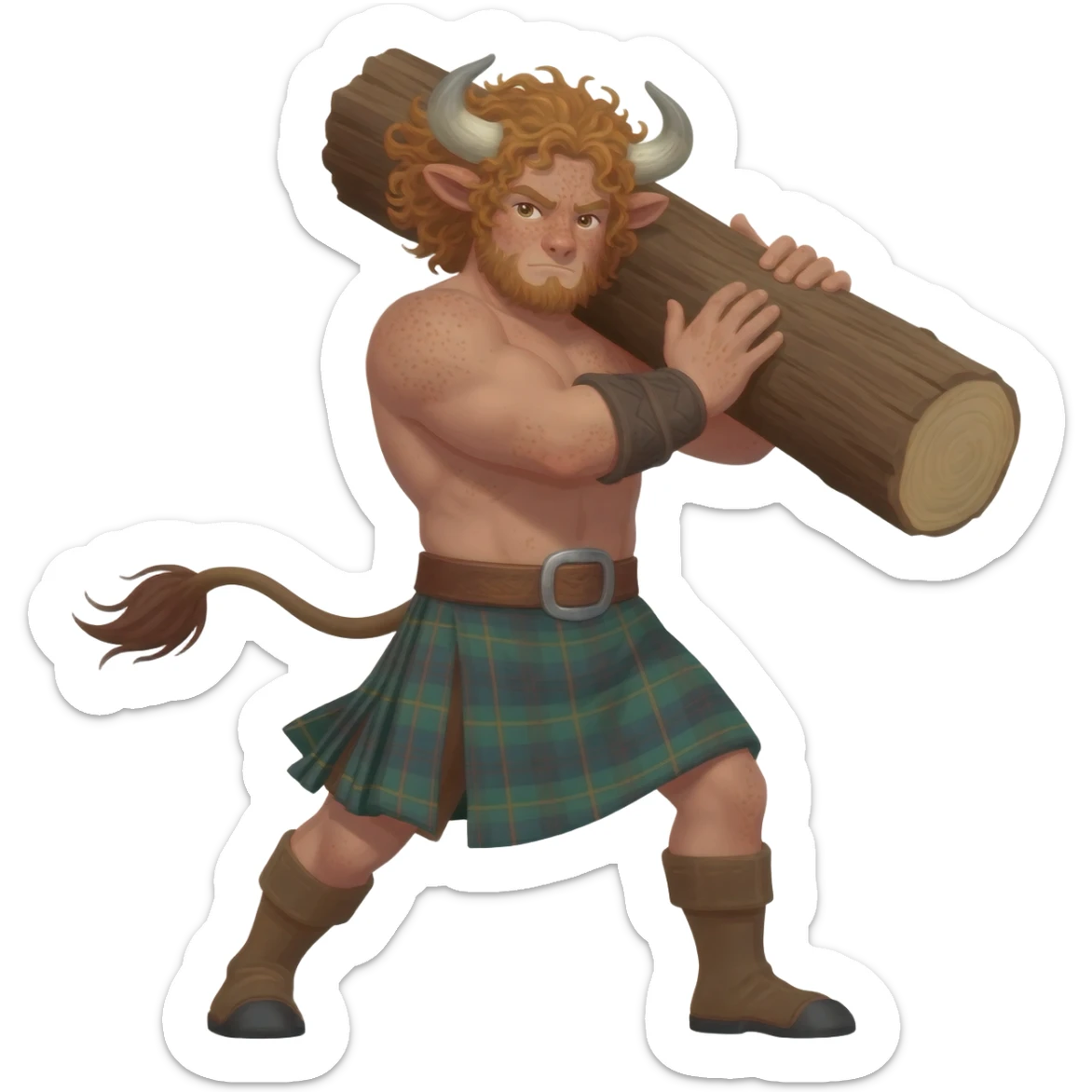 buff curly hairy man with freckles with messy light brown bangs that covers his face completely with bull horns and bull ears and bull tail dressed in kilt lifting large log with wind in his hair with belt around his chest sticker