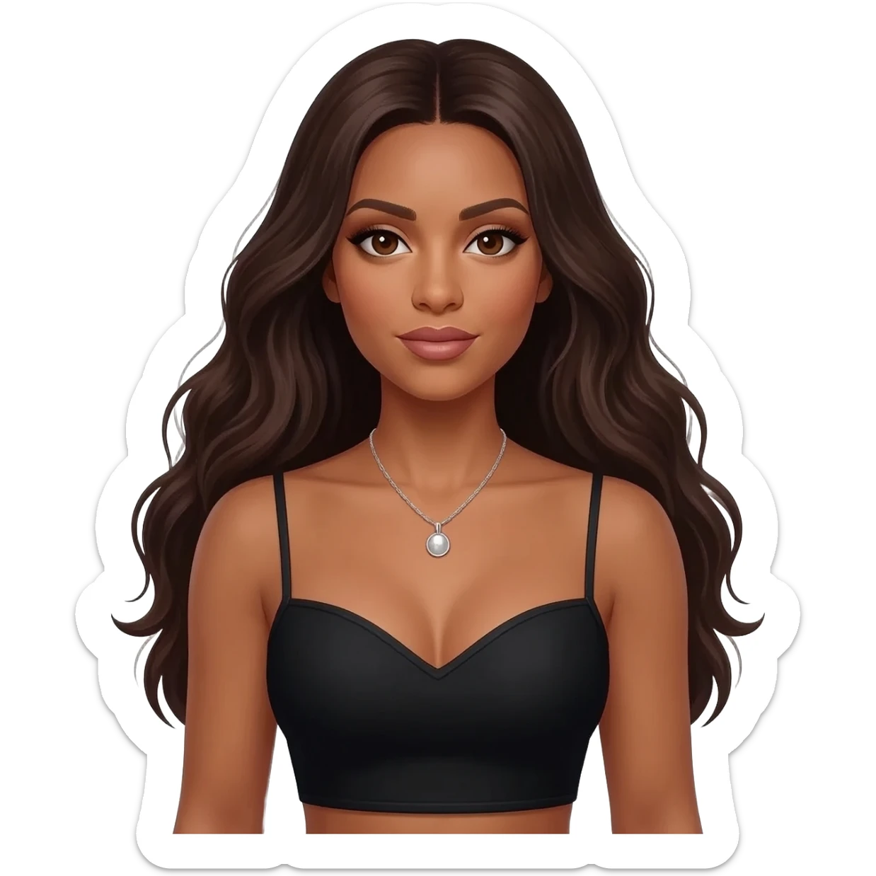 Aaliyah with brown eyes, long dark brown hair, black sweetheart crop top, silver necklace sticker