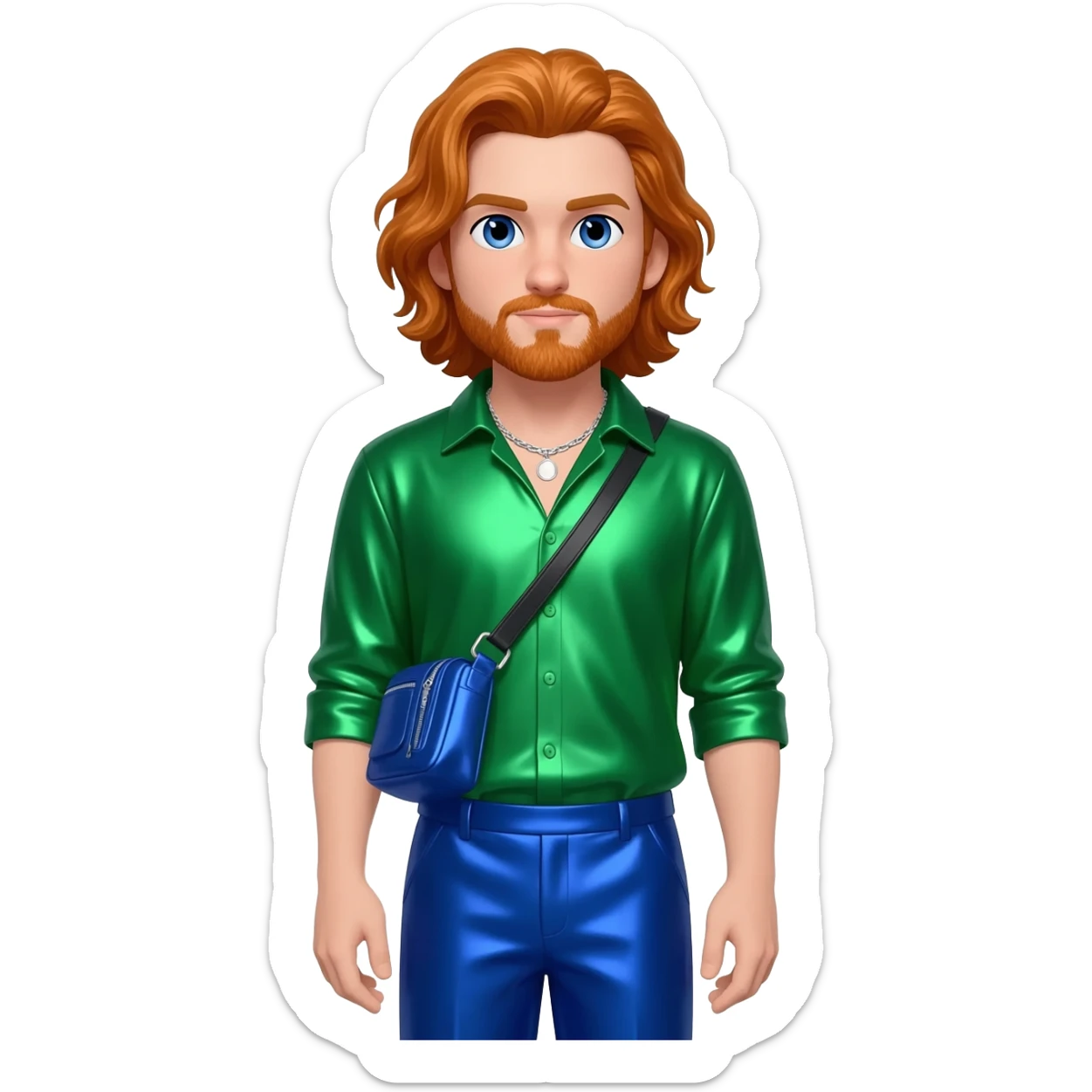 Ryan Dunn with blue eyes, long reddish blonde hair and short beard, green metallic shirt, cobalt blue metallic baggy pants, silver necklace sticker