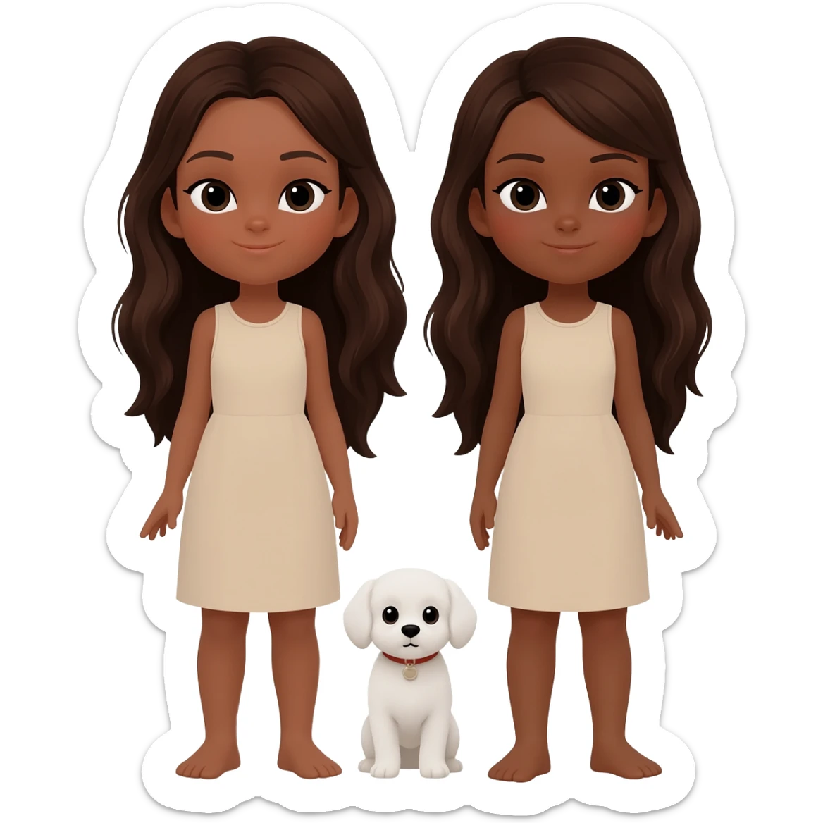 two identical girls both with very dark long brown hair and darker beige ish skin with a white dog small dog sticker