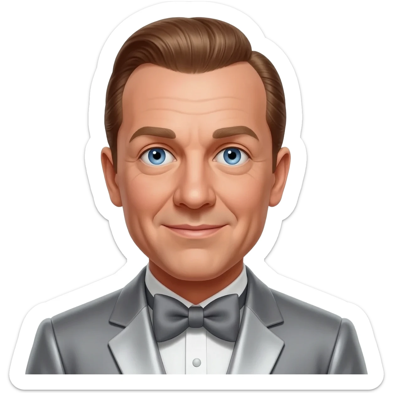 Bing Crosby with blue eyes, brown hair, gray metallic suit with bow tie sticker