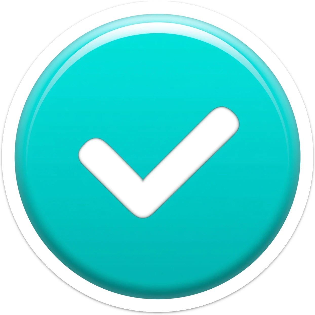 Minimalist emoji icon, bright turquoise circular button with a white check mark symbol in the center, flat design, soft gradient, glowing edges, modern app UI style, centered, high resolution, clean vector graphic. sticker