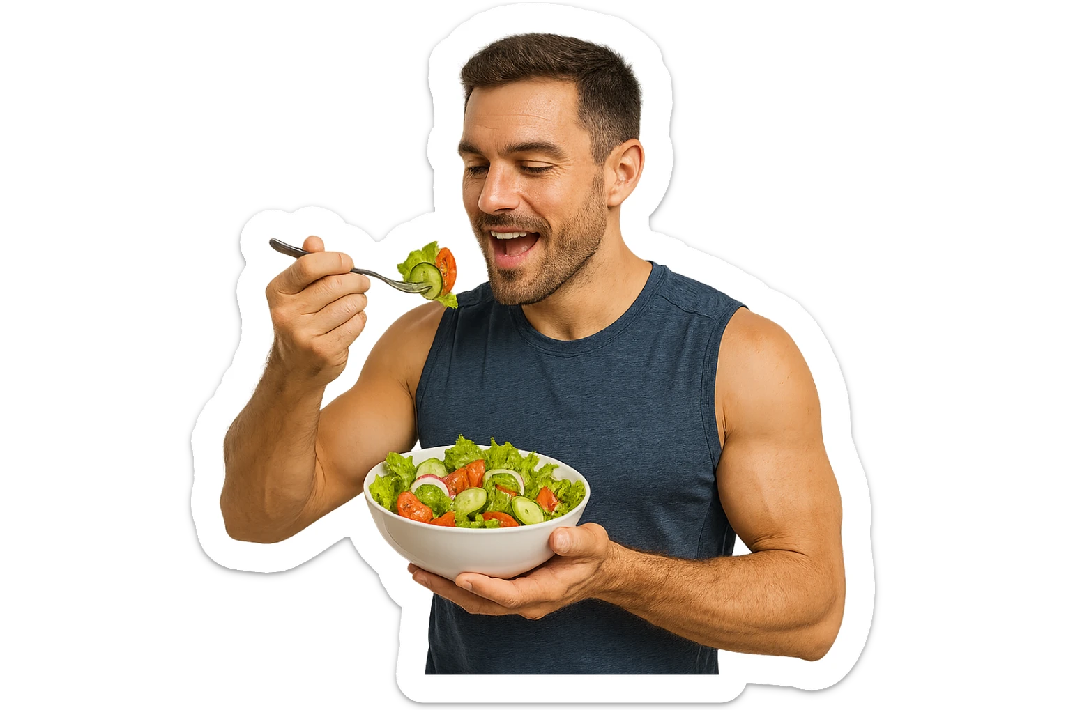 uomo fitness che mangia insalata accanto a uomo identico esteticamente che corre, iperrealistici 4k sticker