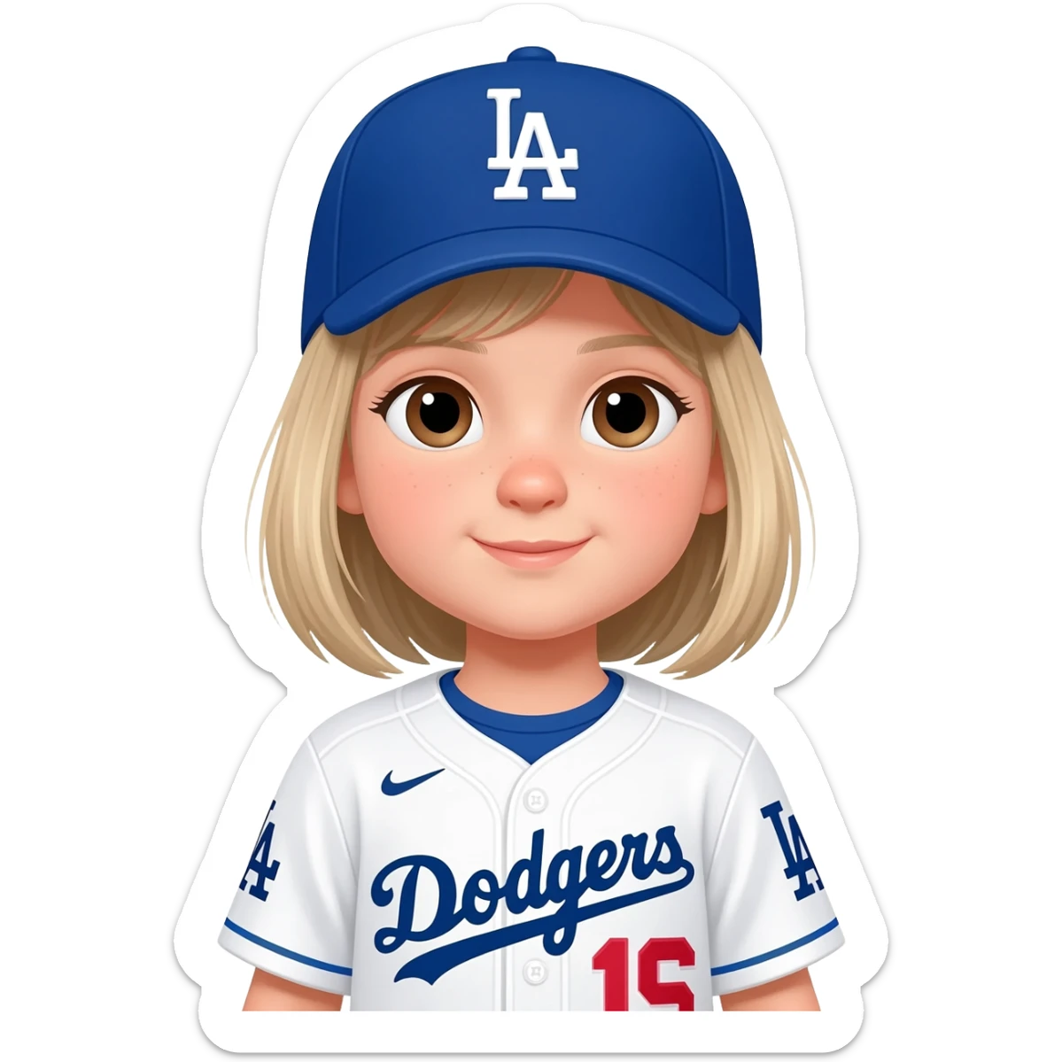 toddler girl in a dodgers uniform with baseball cap whiter blonde hair brown eyes sticker