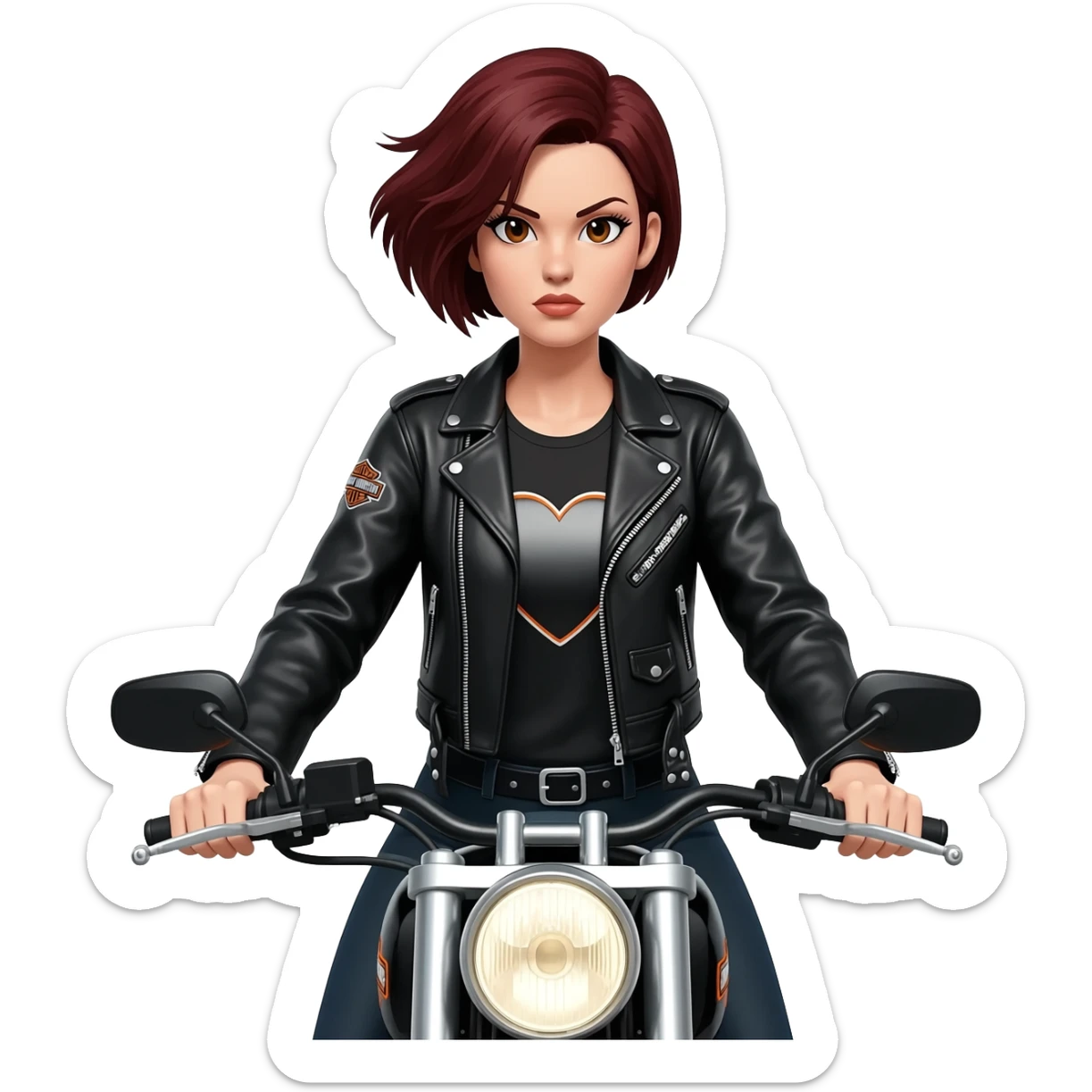 A female Harley rider with very short mahogany-coloured hair (no bob), a tough, badass expression, dressed in biker gear, riding a Harley-Davidson Fat Boy, with a heart. sticker