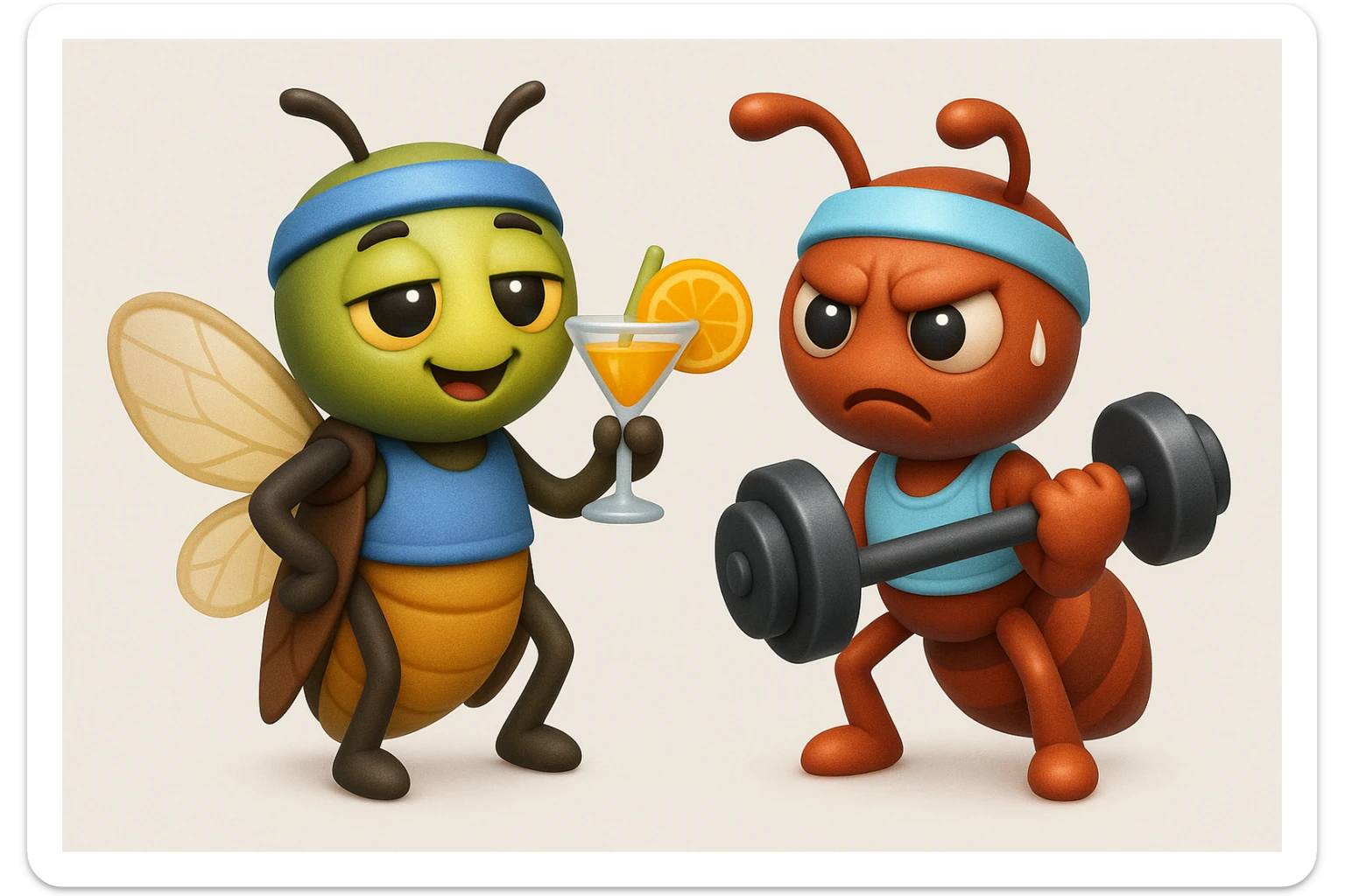 EMOJI STILE IPHONE 3D DI UNA CICALA E UNA FORMICA IN ABITI FITNESS, LA CICALA HA IN MANO UN COCKTAIL MENTRE LA FORMICA HA IN MANO UN MANUBRIO DA PALESTRA. L'IMMAGINE RAPPRESENTA IL FATTO CHE LA FORMICA VOGLIA IMPEGNARSI REALMENTE PER CAMBIARE IL SUO FISICO MENTRE LA CICALA SI VUOLE DIVERTIRE E NON CONCLUDE NULLA ALLA FINE sticker