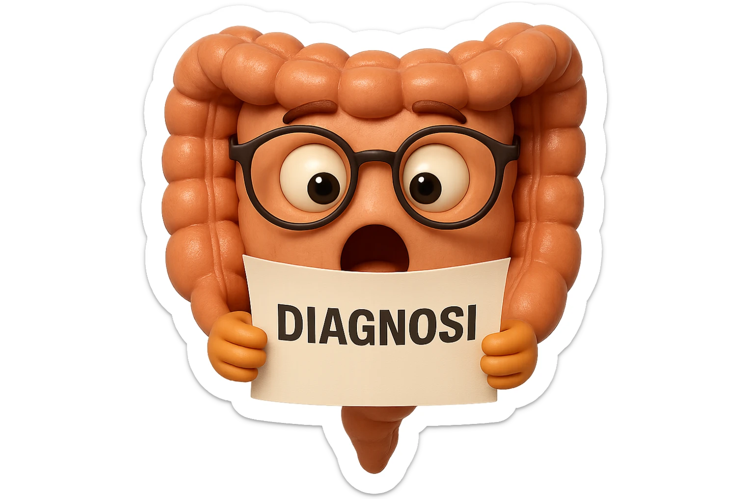 EMOJI STILE IPHONE DI UN INTESTINO CON GLI OCCHIALI CHE LEGGE UN FOGLIO CON LA SCRITTA DIAGNOSI, ESPRESSIONE STUPITA IN VOLTO, IPERREALISTICO 4K sticker