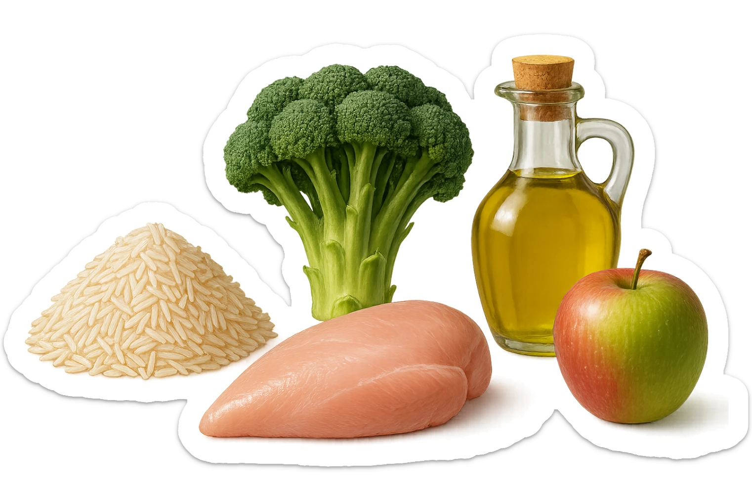 Riso basmati
Petto di pollo
Verdura fibrosa verde
Olio EVO
Mela
vista frontale, iperrealistico 4k sticker