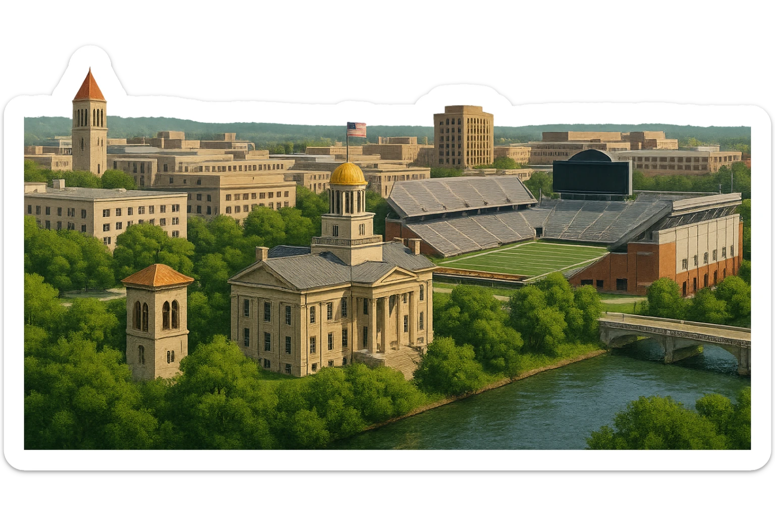 cinematic realistic emoji of Iowa City wide city view with iconic landmarks Old Capitol Building Kinnick Stadium University of Iowa campus Iowa River lifelike detail accurate colors bright daytime lighting no sky no clouds no city name label transparent background sticker