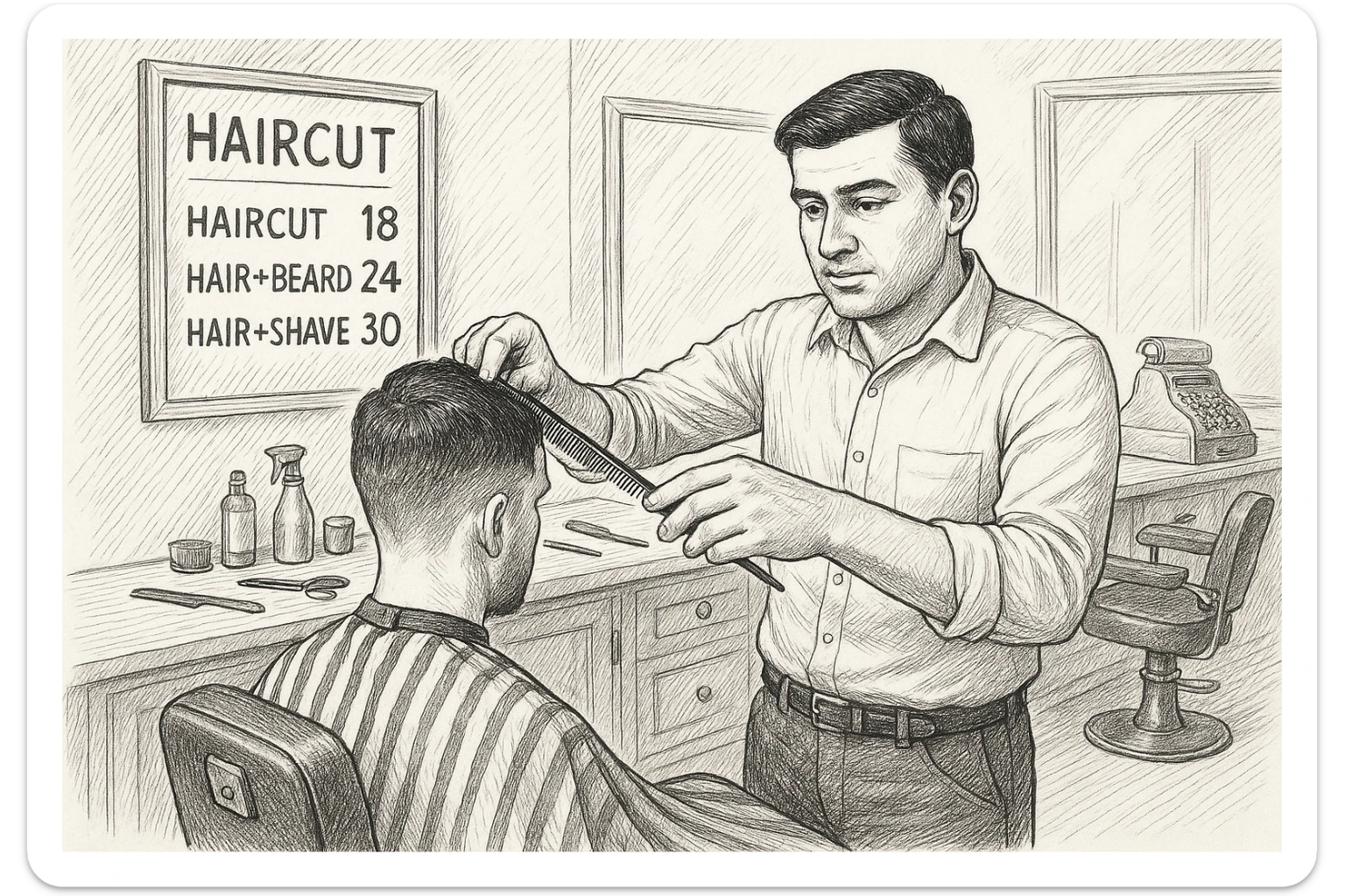 Draw me a sketch of the barbershop, but make sure there's a cash register there. sticker