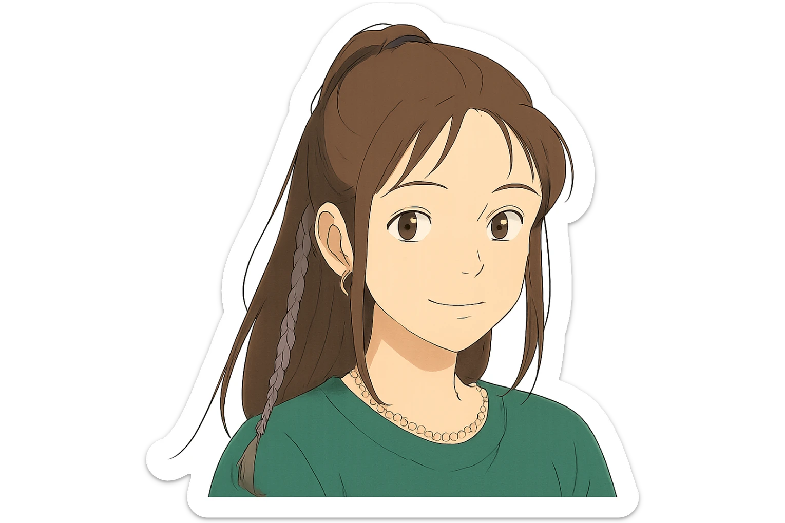 Portrait of the person in a Ghibli style, soft and anime-inspired, gentle expression. sticker