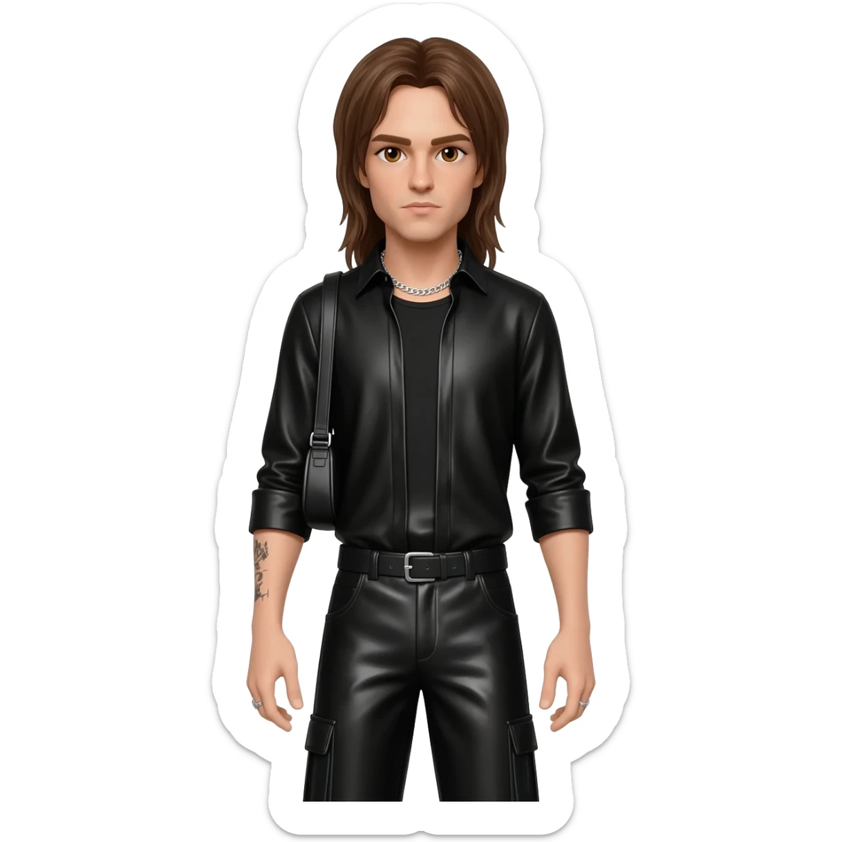 Tom Kaulitz with brown eyes, long brown hair, black metallic shirt, black metallic baggy pants, silver necklace sticker