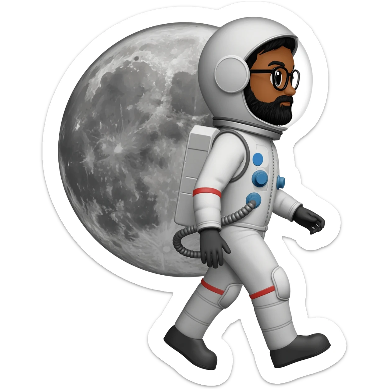 astronaut moon on back with helmet walking space brown skin, black eyes, glasses and beard  black hair show body sticker