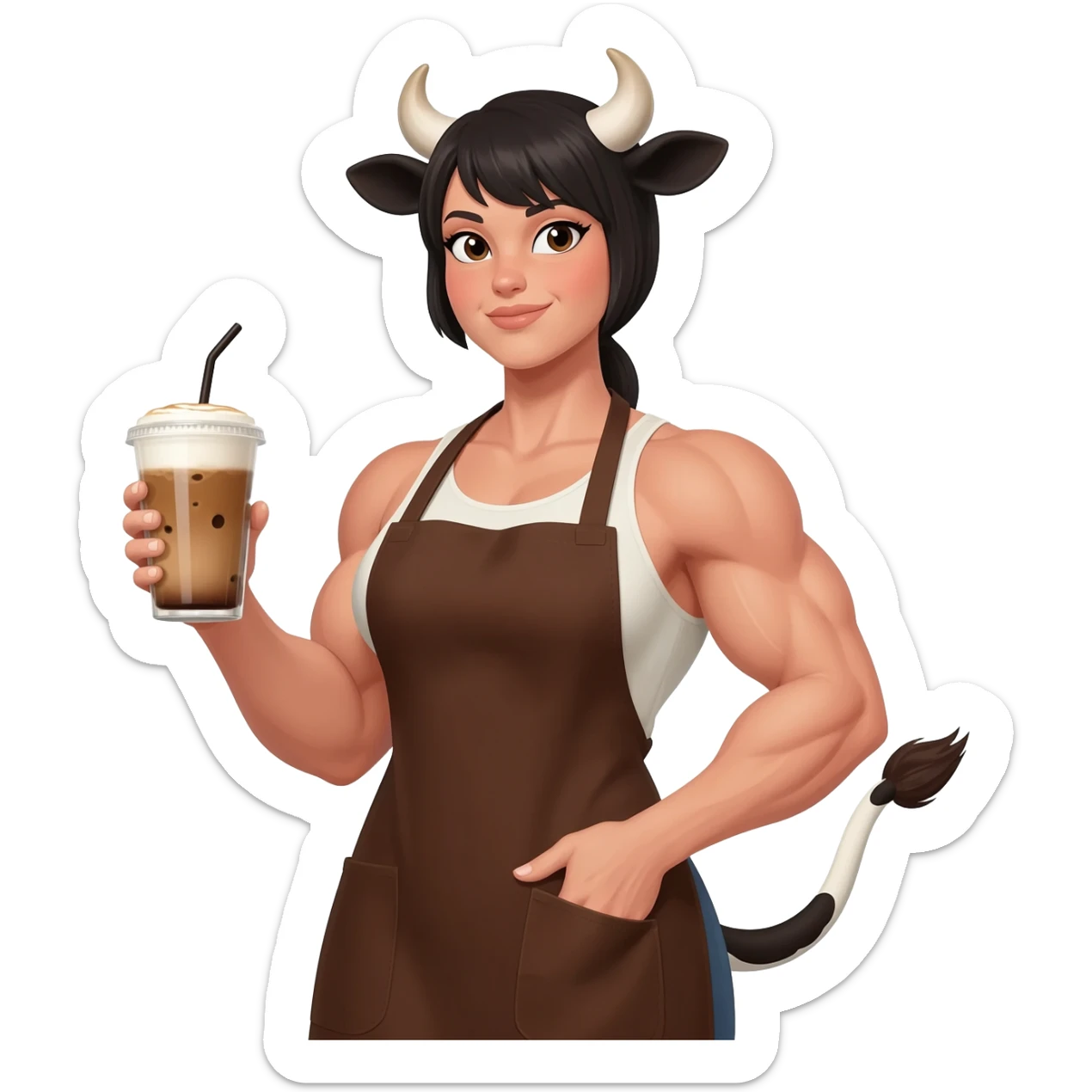big buff woman with extra large fat tits with cow ears and cow tail dressed like barista in brown apron with latte in his hand sticker