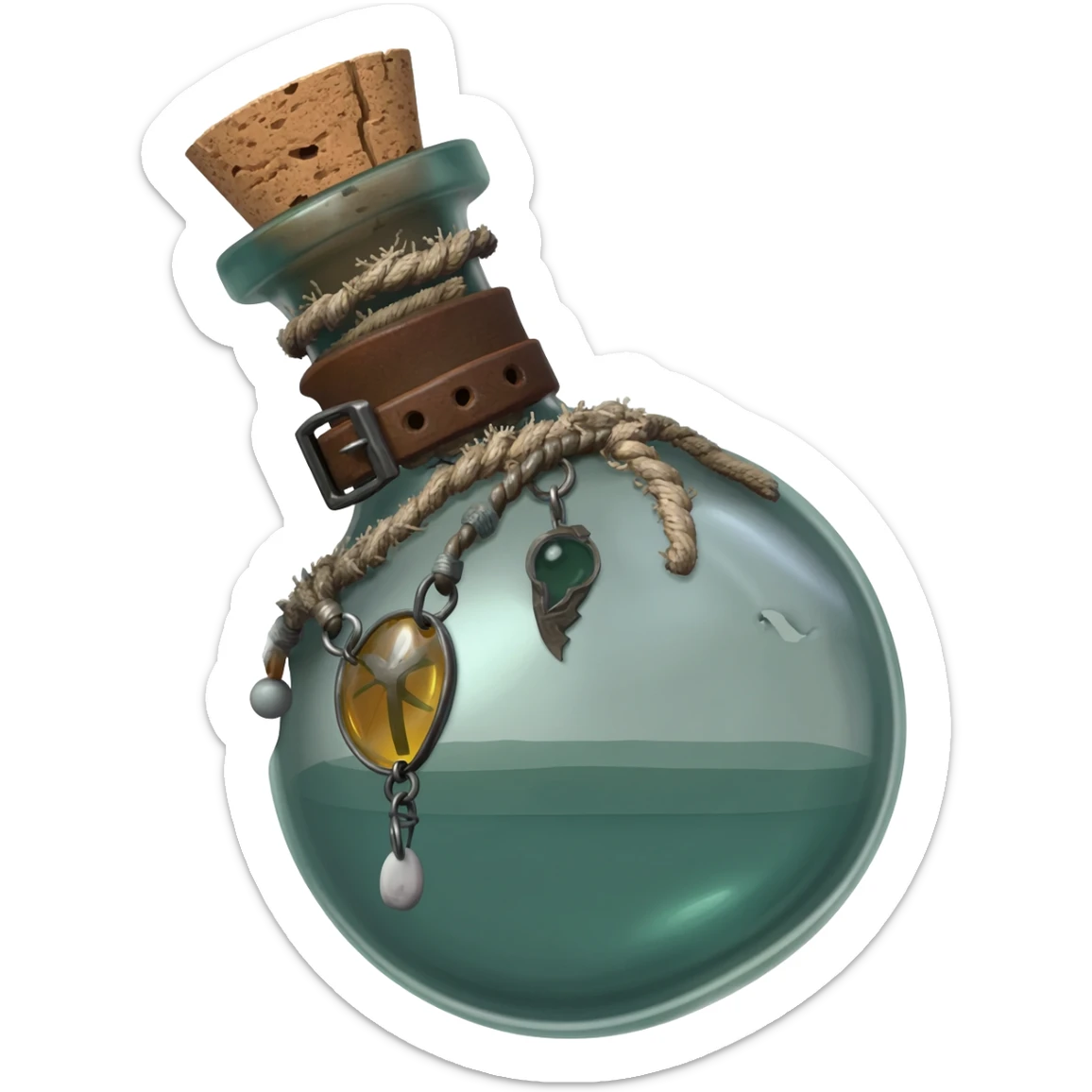 an empty round potion bottle a little rotated with a cork and decorations on the bottle like ropes and belts and random stuff sticker
