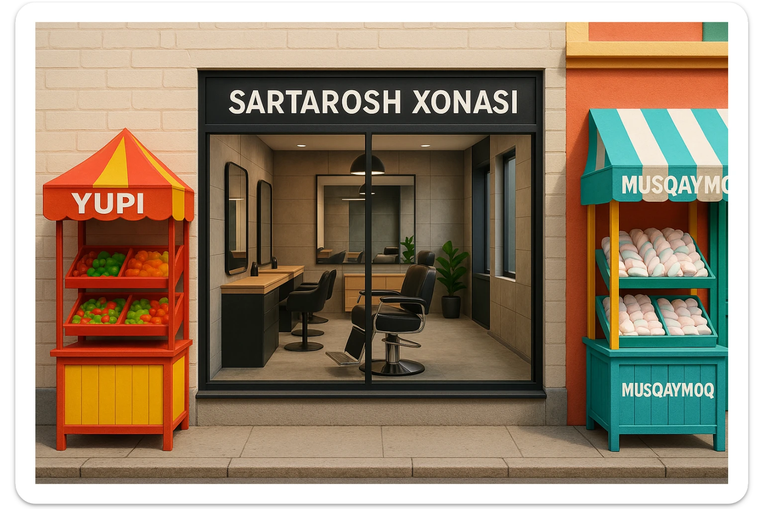 brohouse sartarosh xonasini chizib ber tashqaridan va uning yonida yupi va musqaymoq sotadigan lavkalar bulsin va sartarosh xona sal zamonaviyroq bulsin sticker