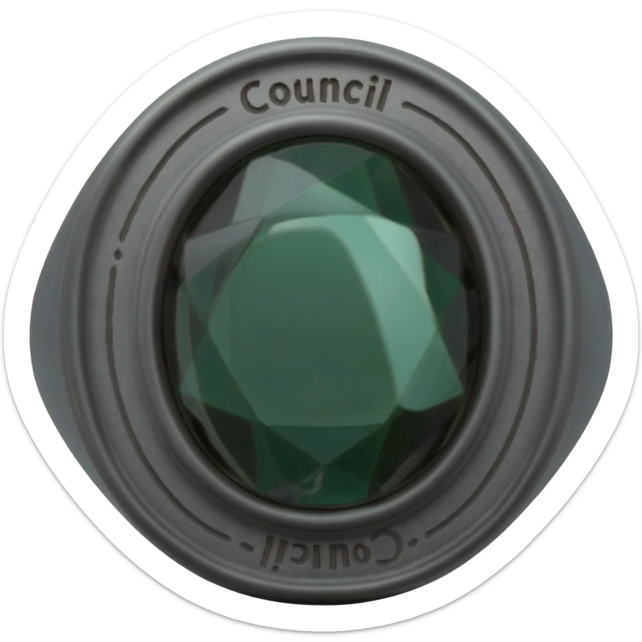 A Obsidian ring, with a dark GREEN gem, make it have a faint tint of a sage , make the rest of the ring have Greek letters that spell Council sticker