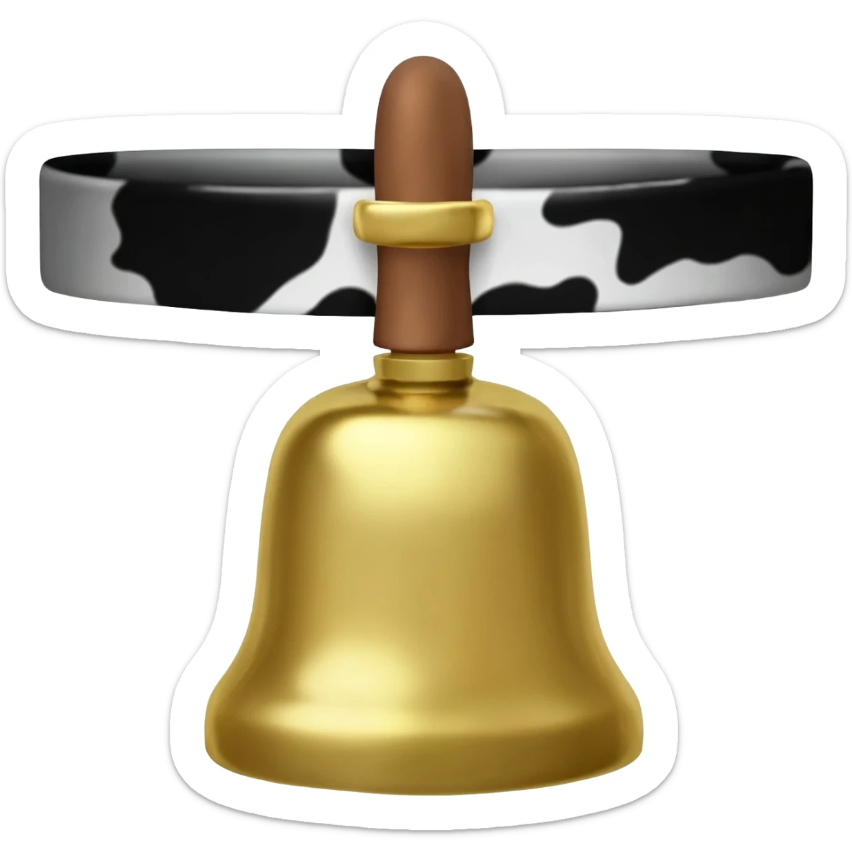 plain gold vintage grater cowbell on a collar with black and white cow pattern sticker