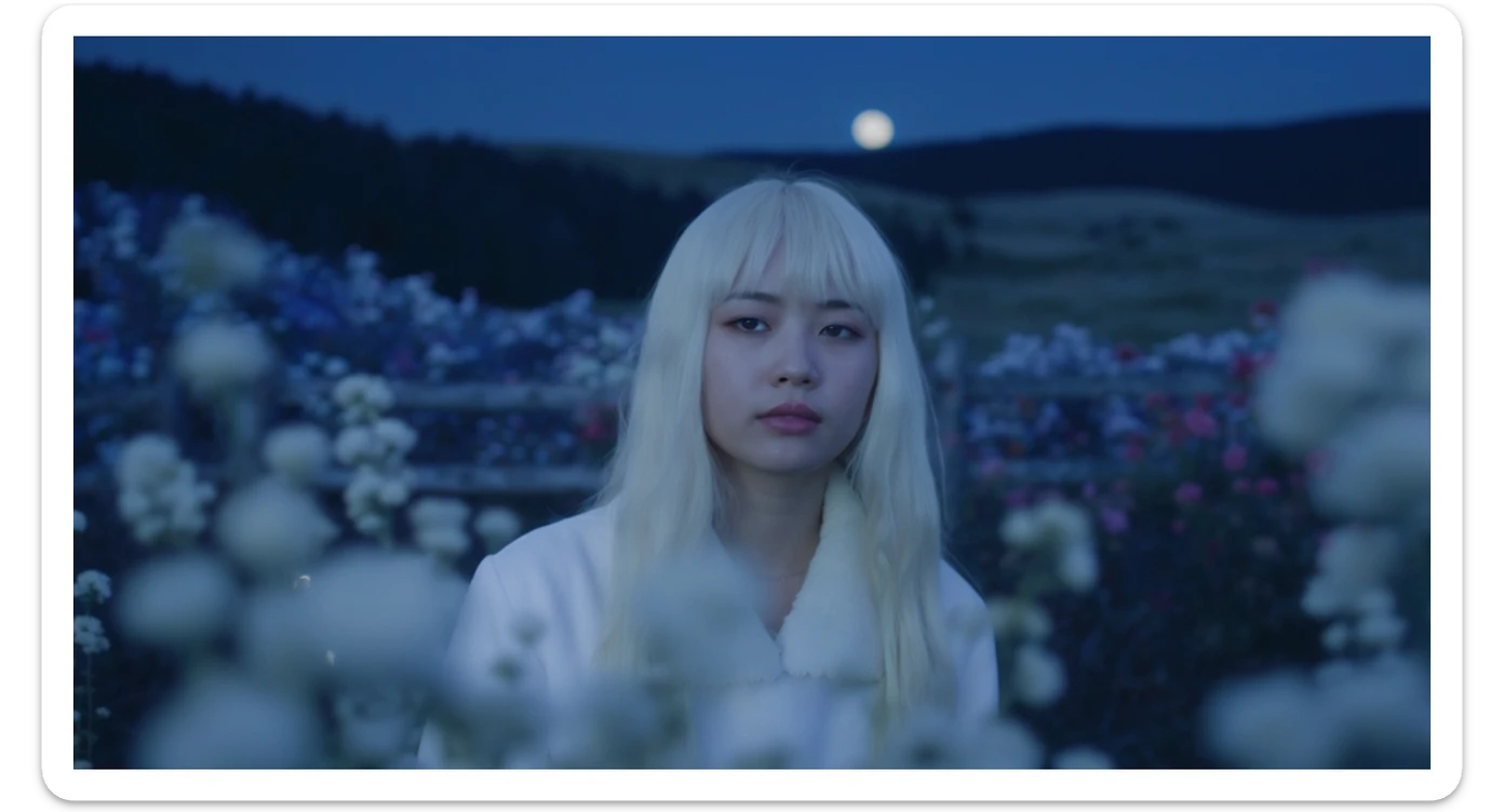 A portrait of a white person in the foreground, blurred plants in the foreground, a wooden fence and colorfull flowers in the midground, rolling hills in the background, cinematic depth of field, layered composition, moon back light (Blue night) sticker