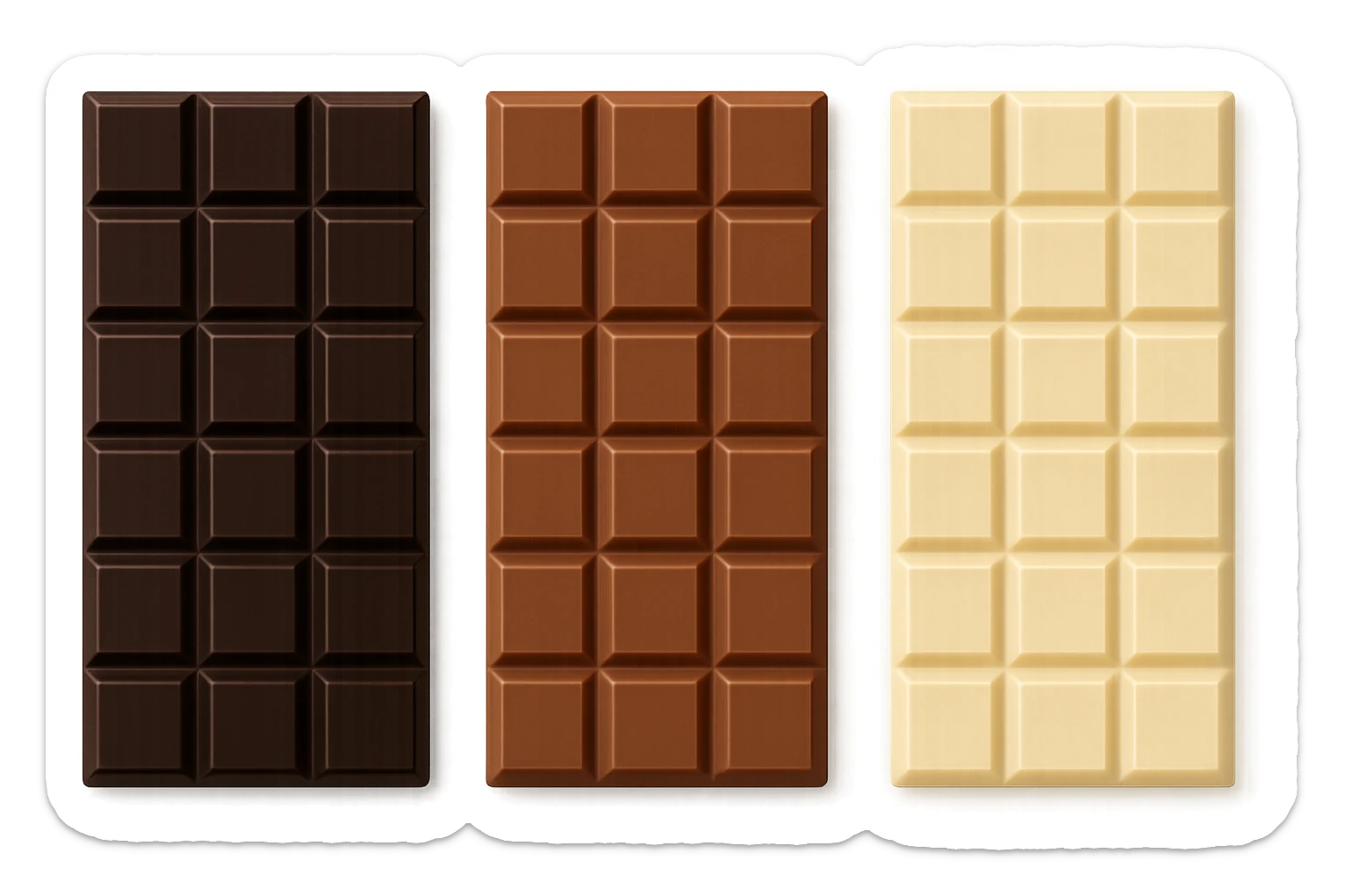 3 BARRETTE DI CIOCCOLATO, UNA FONDENTE, UNA AL LATTE E UNA BIANCA, VISTE DALL'ALTO, IPERREALISTICO 4K sticker