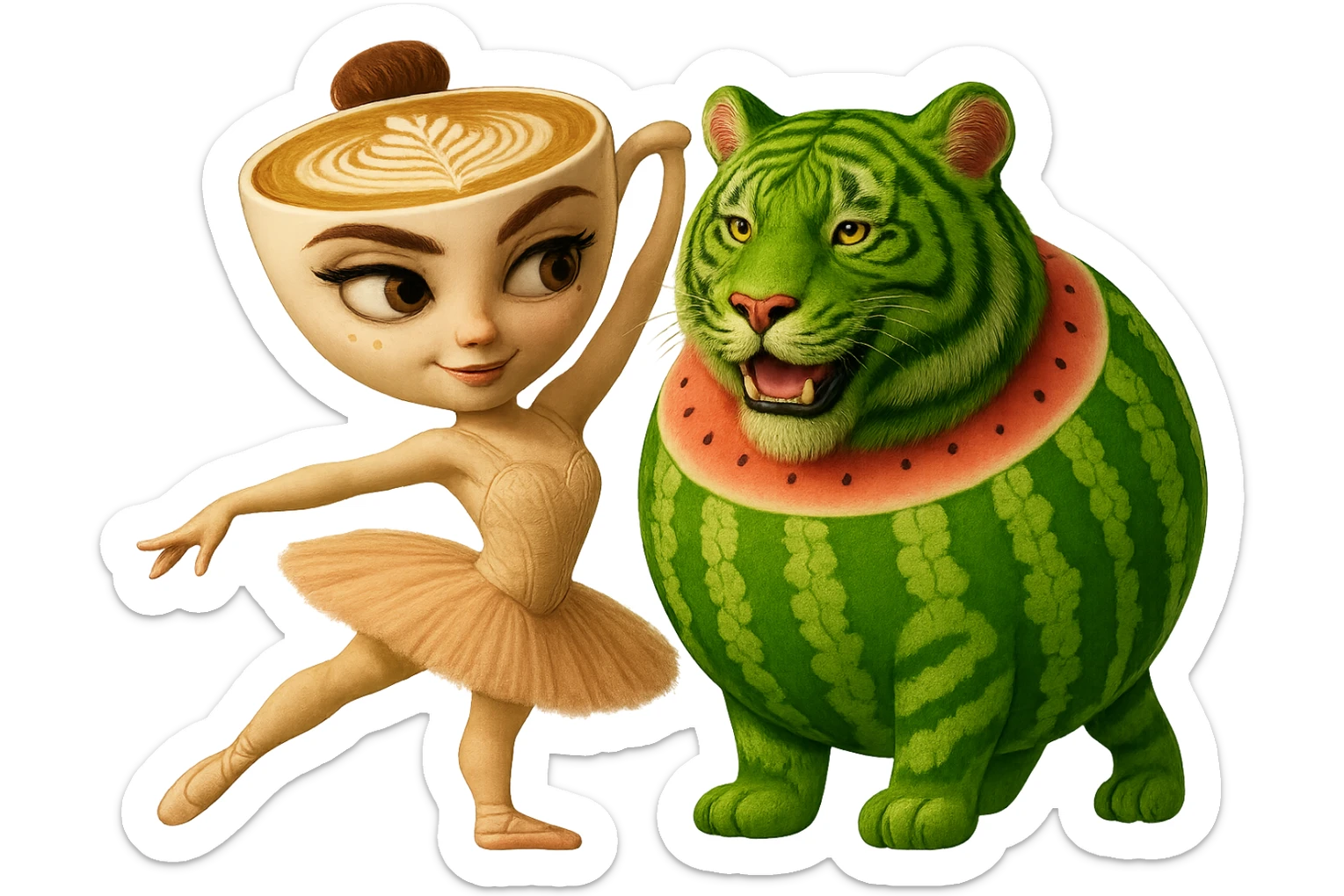 Combine the watermelon tiger character and the ballerina cappuccino character together as a couple, standing close and interacting affectionately. Keep their original styles and details intact. Transparent background. sticker