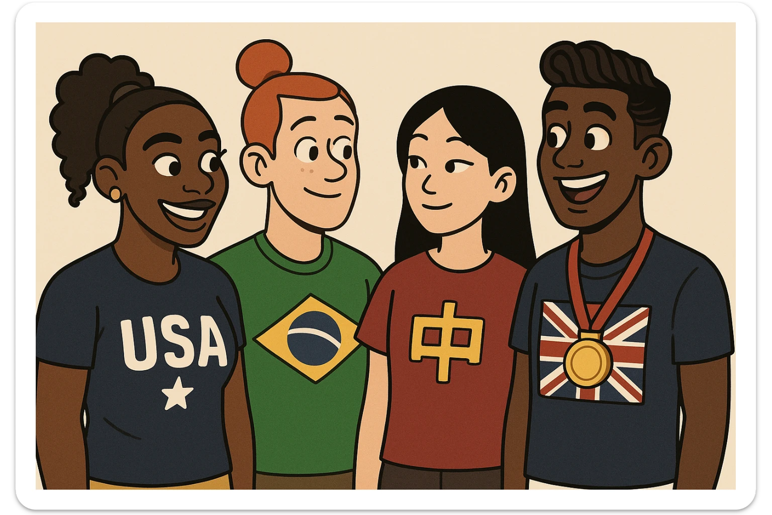 Serena Williams American shirts girl Orange bun hair a Brazil shirts boy brown Chinese shirt Chinese girl black hair United Kingdom shirt Defined Waves hair sports medal  sticker