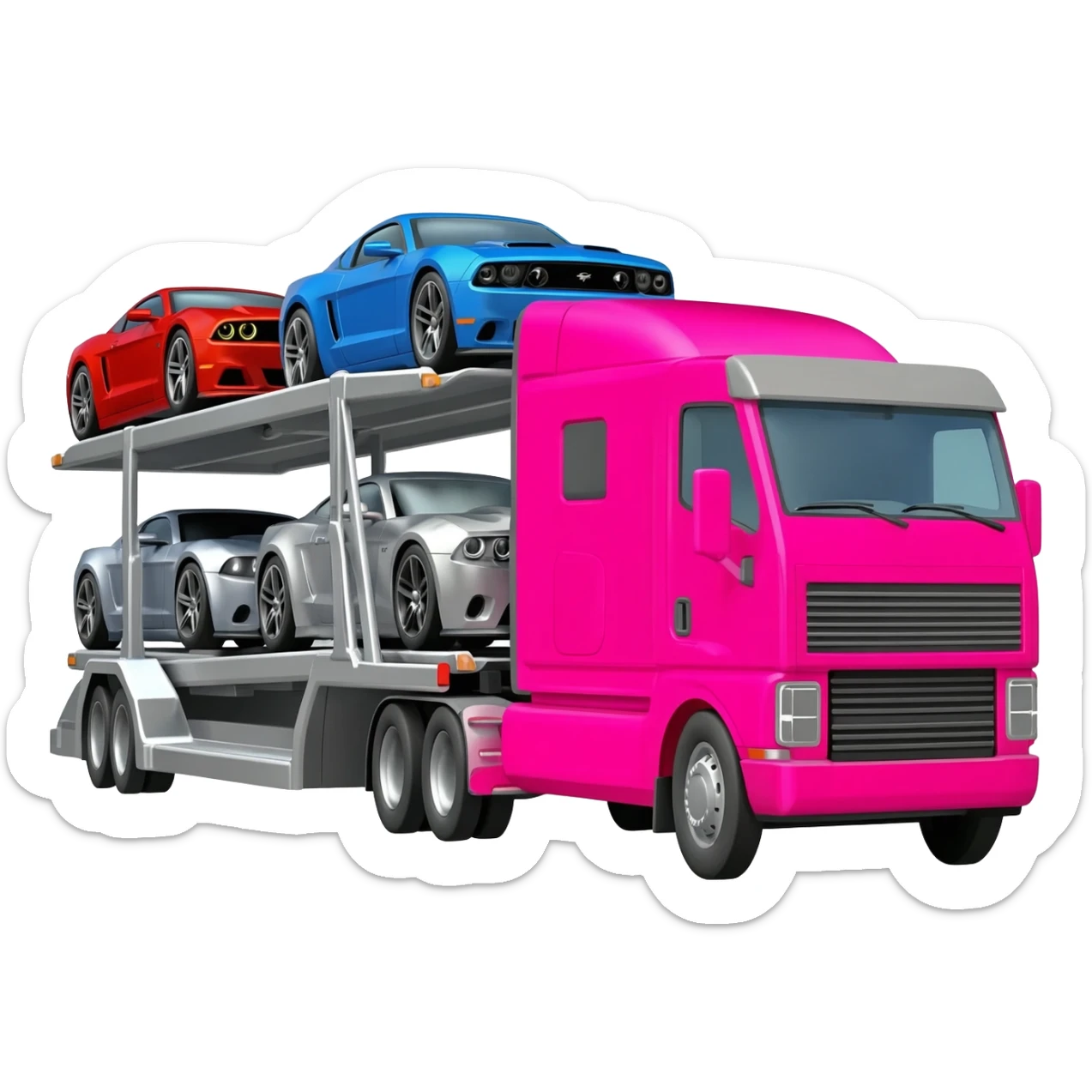 A Car Carrier With a 4 Muscle Cars and a Pink Semi Truck sticker