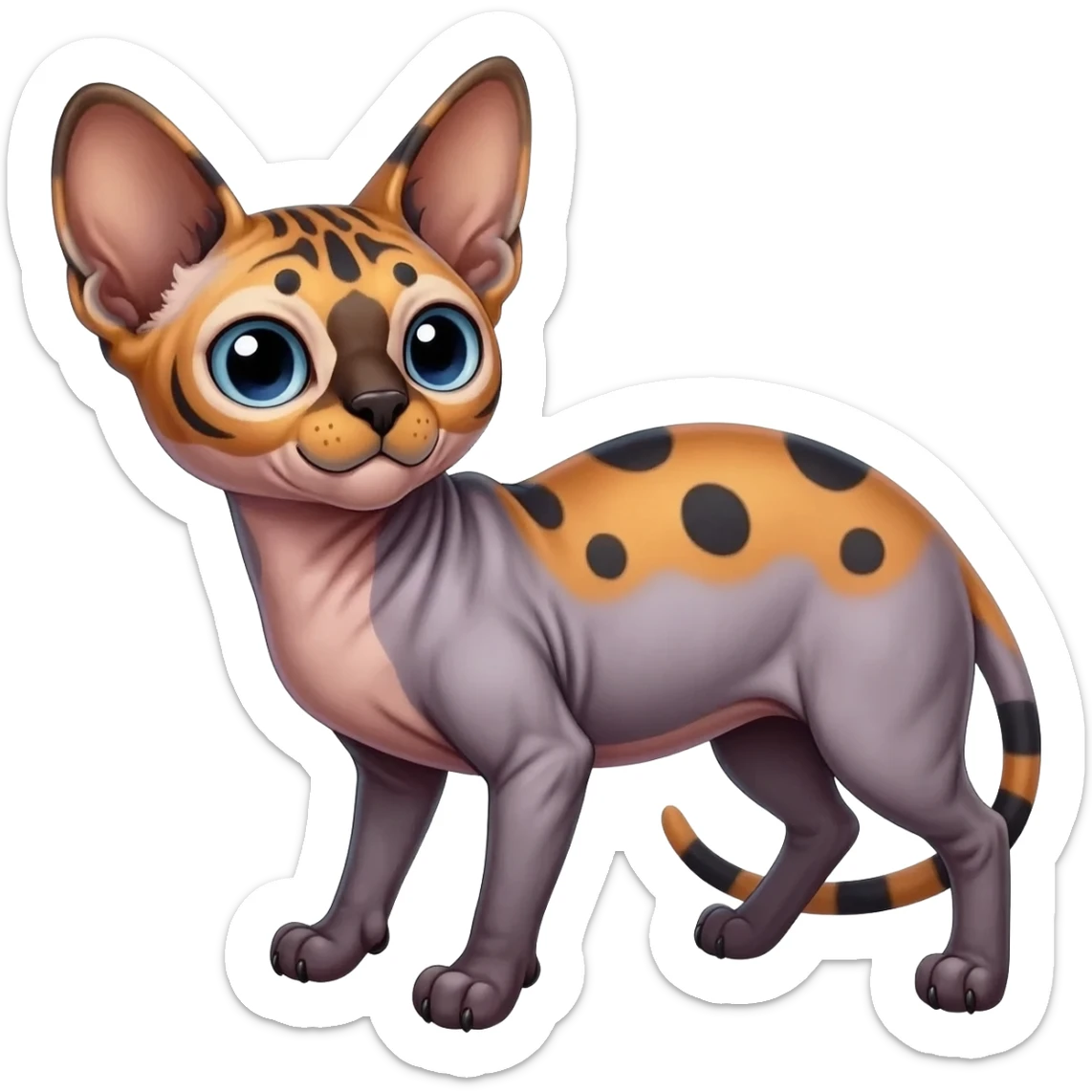 A Colorful  exotic tropical tribal cute happy realistic esoteric patterned fluffy furry dark caracal-Lykoi-bobcat-sphynx-genet-serval-Fakémon-fursona-hybrid-fusion-animal-creature, full body, 4-legged sticker