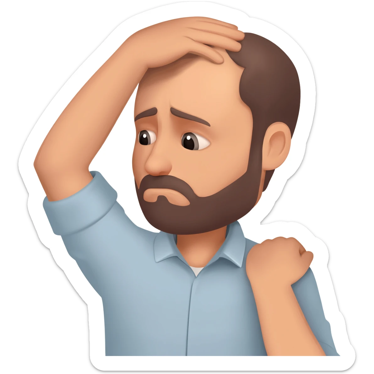 A man who is depressed with his left arm draped over the top of his head so the inside of his left elbow is on the very top of his head where hair grows from and his left hand is touching his right shoulder sticker