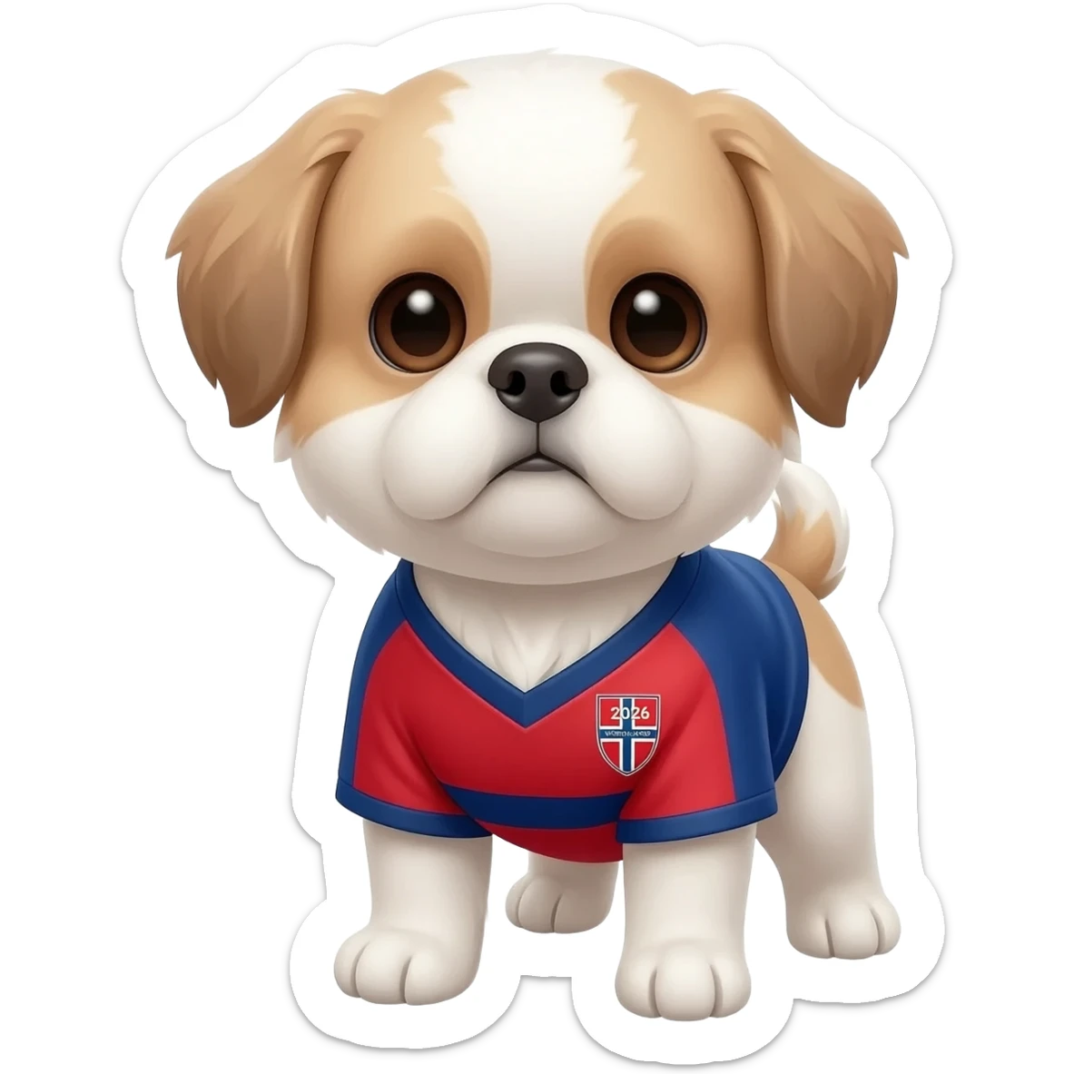 white and light brown shih zhu wearing a Norway soccer jersey v neck 2026 work cup sticker