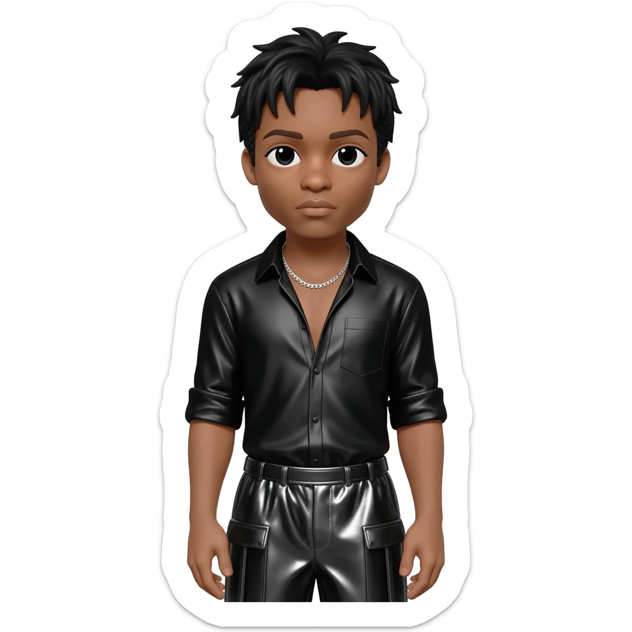Gerald Levert with black short hair, black metallic shirt, black metallic baggy pants, silver necklace sticker