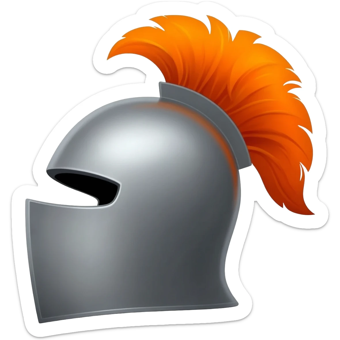 Silver medieval knight helmet emoji with a closed visor and bright orange plume sticker