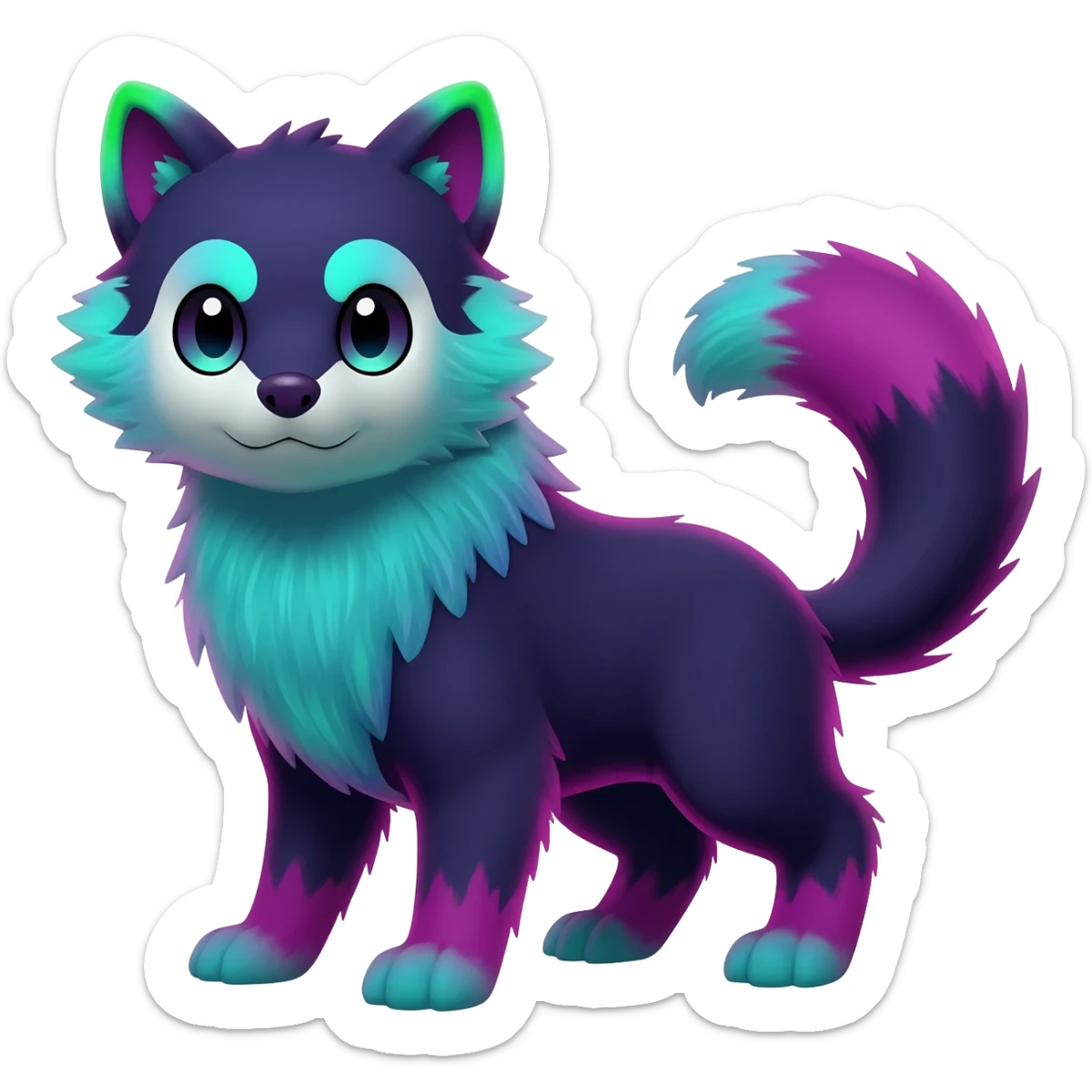 Colorful bioluminescent dark abysmal abyssal neon-glowing Trico-Sergal-Furret-Ferret-Wolverine-Vernid-furry-fursona-fusion-Fakemon-animal-hybrid-creature, full body sticker