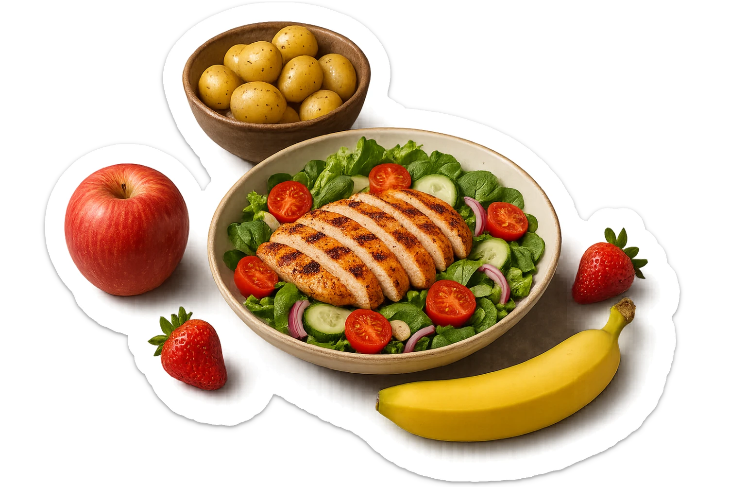 insalate con petto di pollo grigliato e bowl di patate cotte poggiate per terra e frutta fresca, iperrealistico 4k sticker