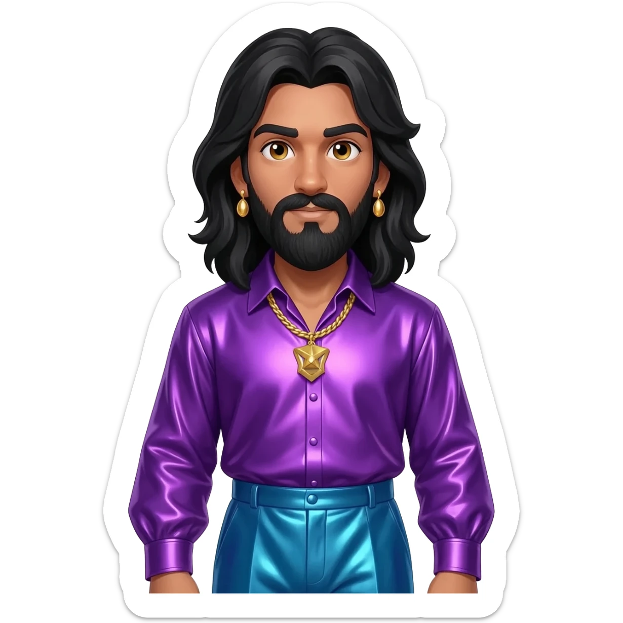 King Solomon with hazel eyes, long black hair, royal purple metallic shirt, blue metallic baggy pants, gold necklace and earrings sticker