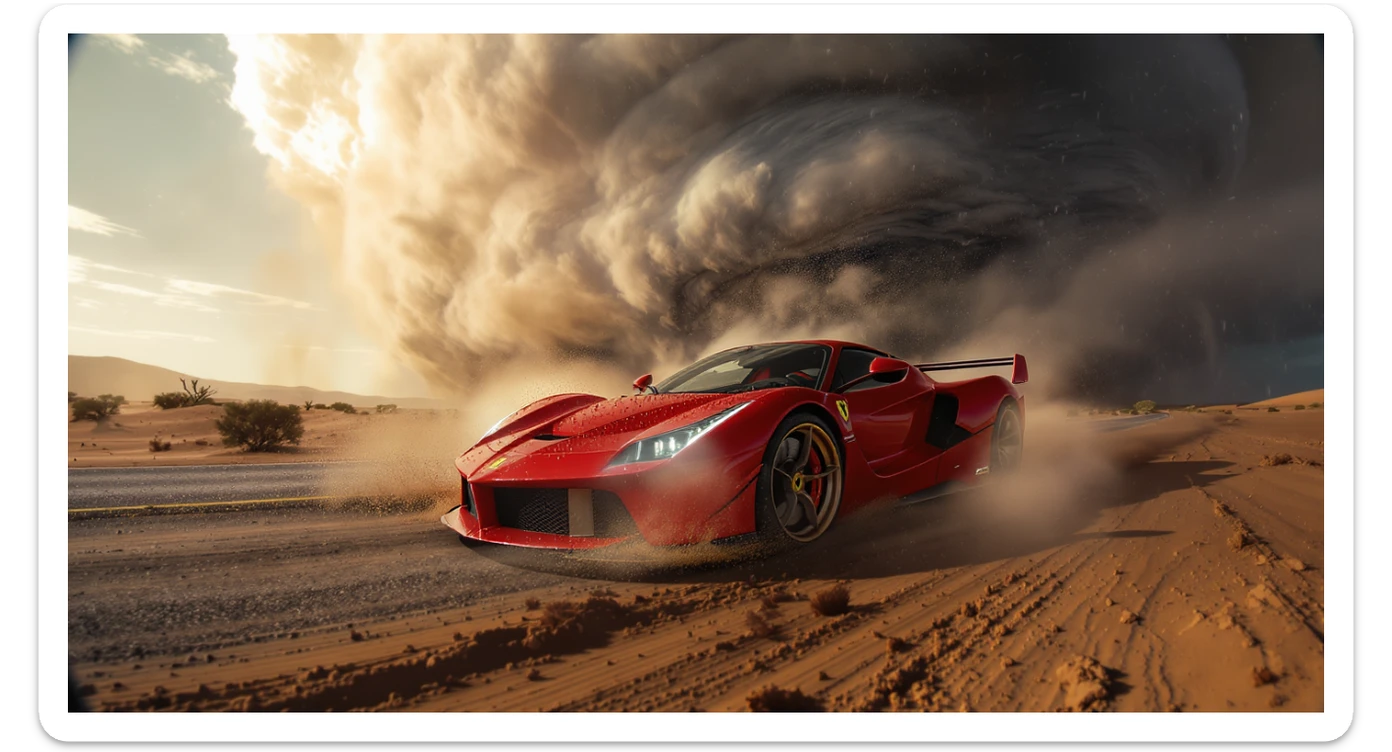 Cinematic still of a ferrari f40 around tornado od arizona desert, sun flare, big earth in background, captured by gopro hero with effect fisheye, water drops on car body, detailed sticker