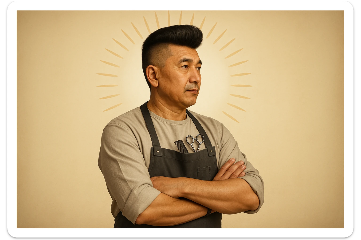 shu pozada turgan faqat o'ng tarafga qarab turgan sartarosh ustani tasvirlab ber realistik uslubda yoshi kattaroq soqol shart emas va uzbekistonlik erkak soch turmagi ham boshqacharoq bo'laversin sticker